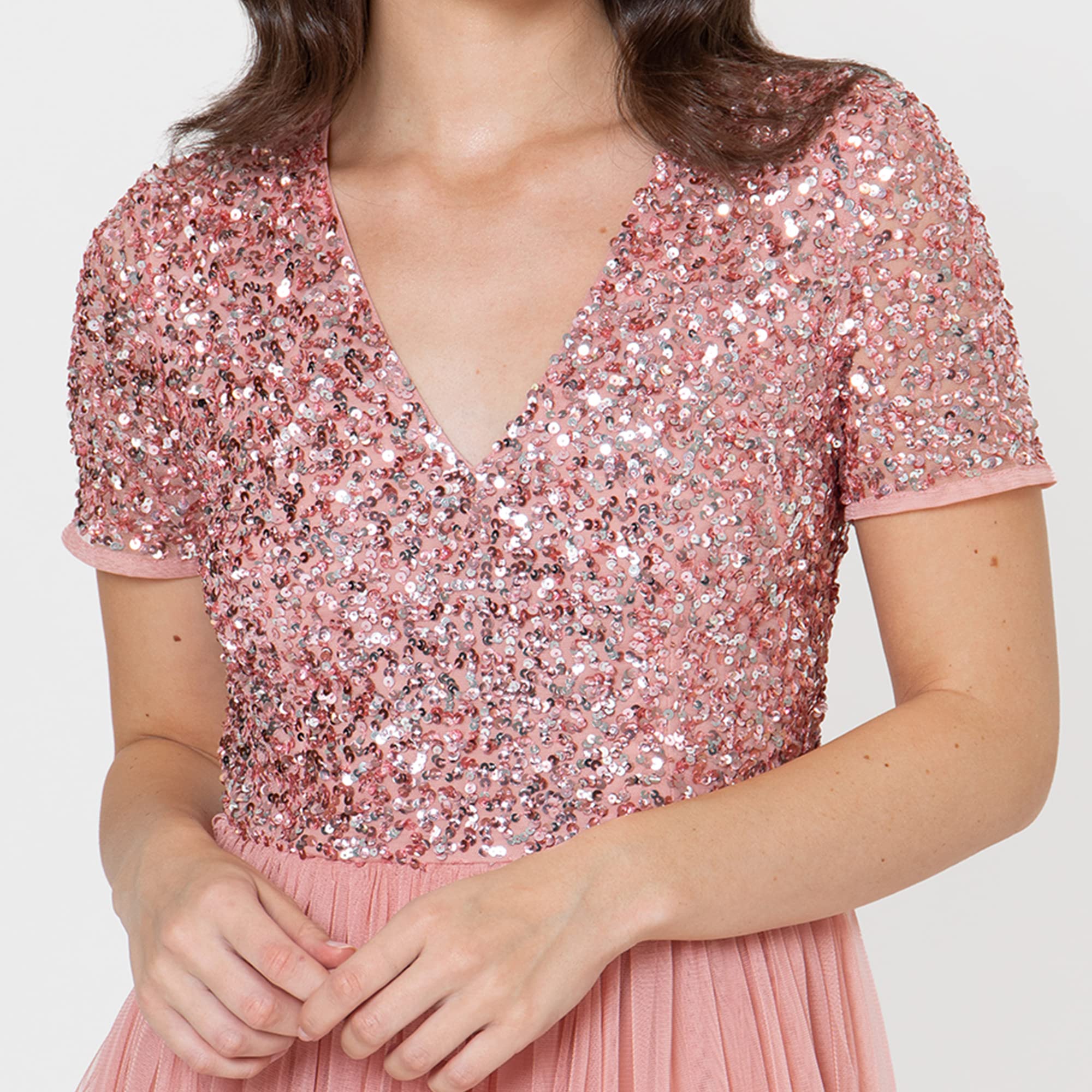 Maya Deluxe Abendkleid mit Pailletten Cocktailkleid Damen mit V-Ausschnitt Tüllkleid Blüte Größe 38 – Bild 2