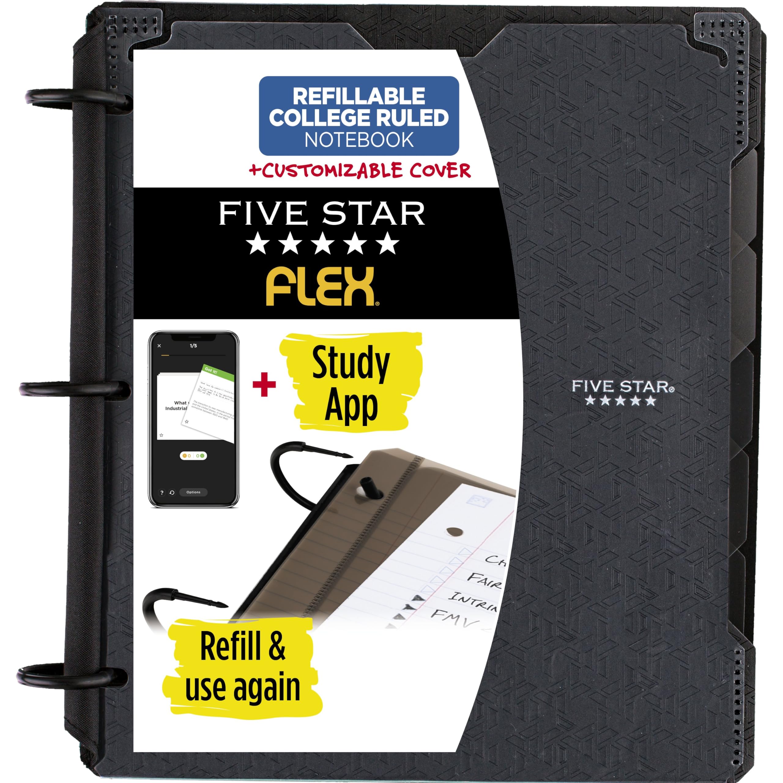 Five Star Flex Hybrid NoteBinder, 1 Inch Binder with Tabs, Customizable Cover, Notebook and 3-Ring Binder All-in-One, Black (29326AA2)