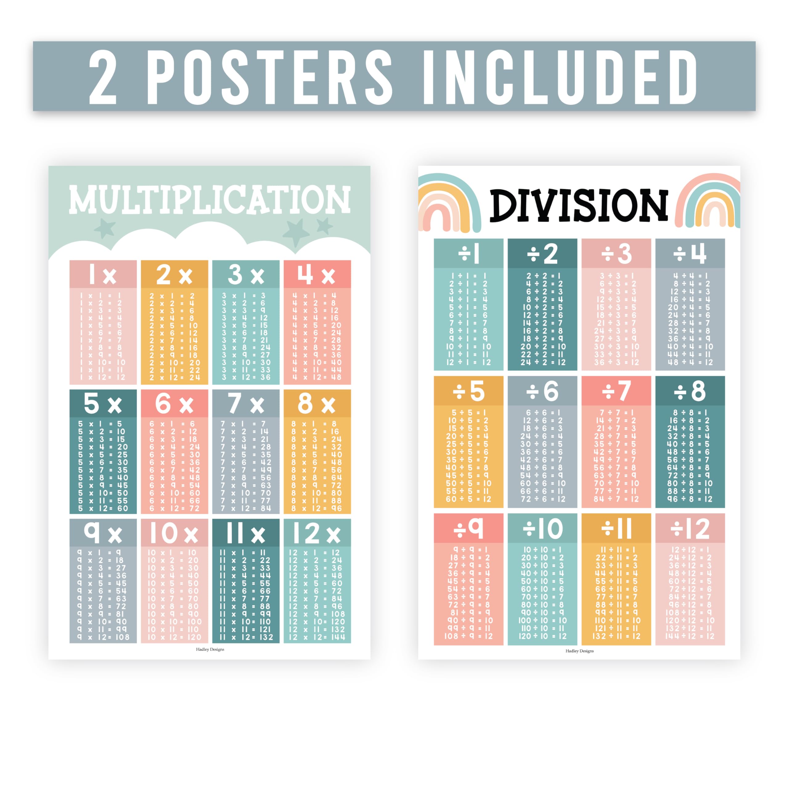 2 Large Multiplication and Division Posters for Wall - Multiplication Chart Poster & Times Table chart, Division Table & Math Poster, Classroom and Kids Learning Decor, Boho Classroom Decor - Image 5