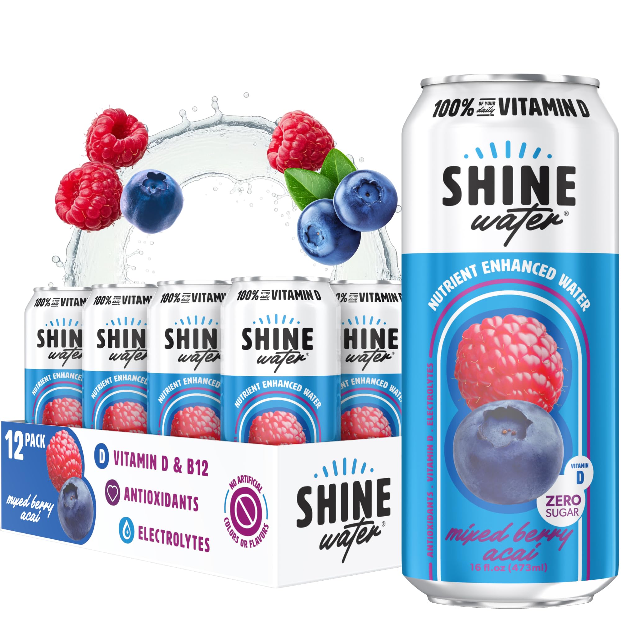 ShineWater Mixed Berry Acai Vitamin D Electrolyte Drink | Zero Sugar Hydration Beverage with Magnesium, Zinc & Antioxidants | Low Calorie Plant-Based Vitamin Water | 12 Pack