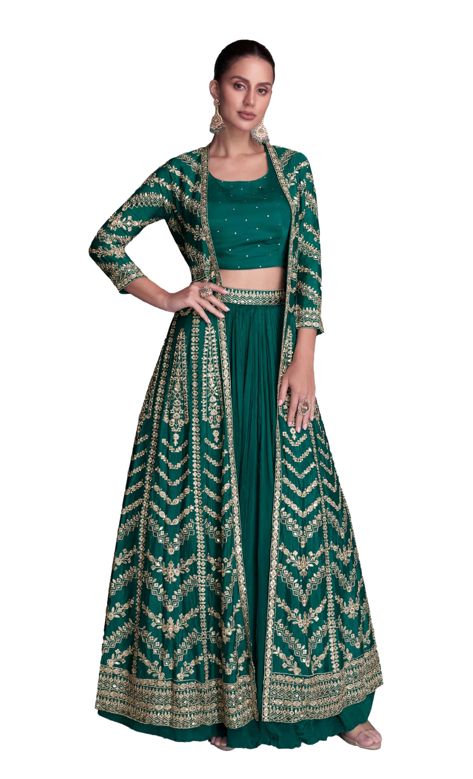Women's Green Chinon Stitched Top With Stitched Bottom Full Sleeve Embroidered Choli with Jacket (Lehenga Choli With Jacket) (ME-1196)