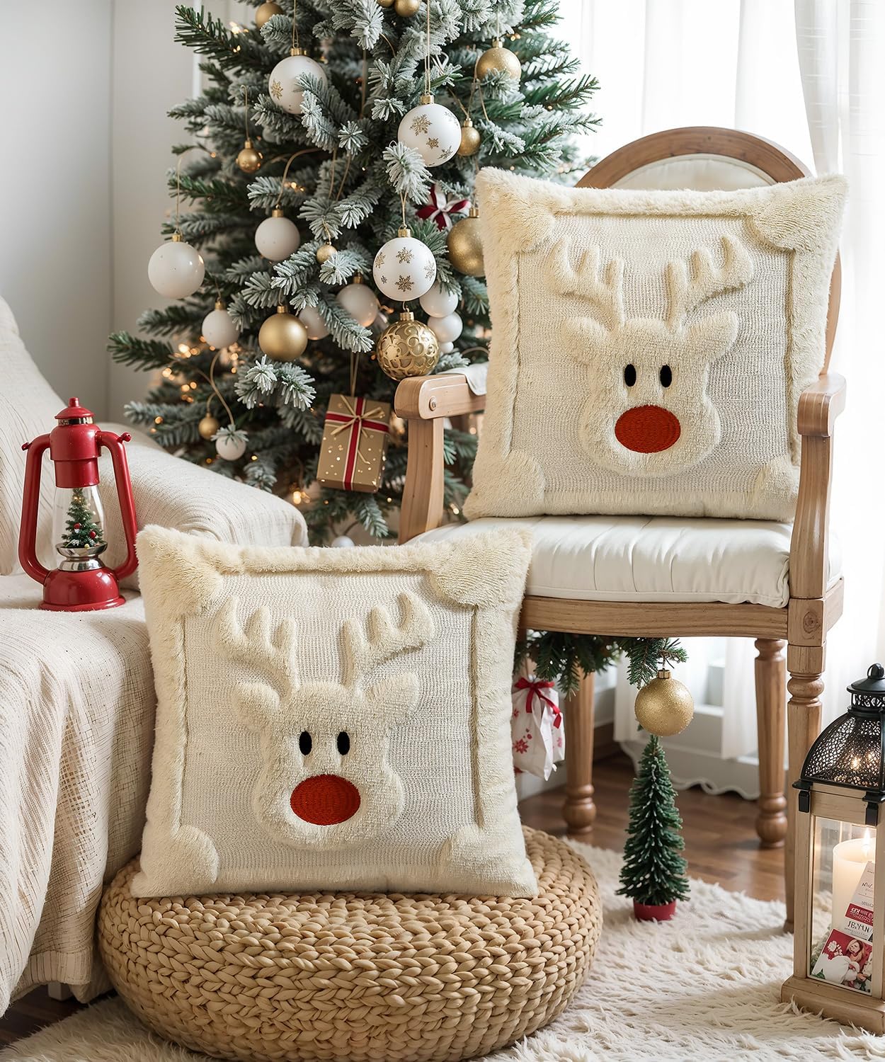 Christmas Pillow Covers Set of 2 Soft Plush Faux Fur Pillow Cases 3D Embroidered Decorative Couch Cover Home Decor Christmas Throw Pillow Covers 20x20,Beige Reindeer