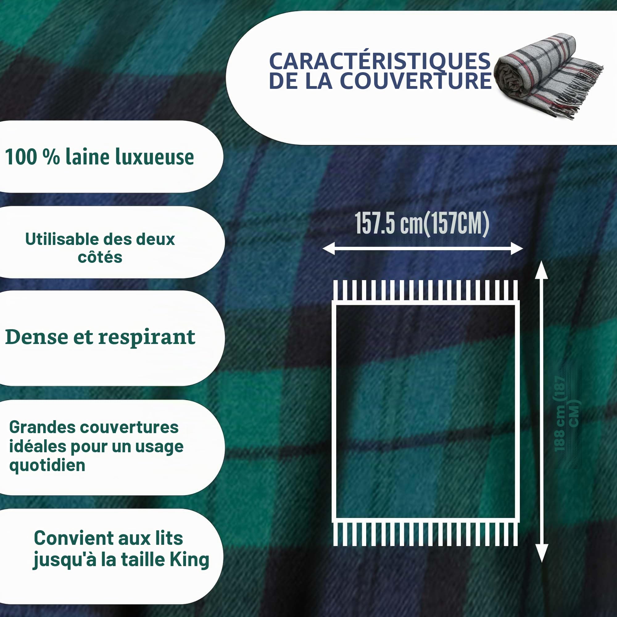 Couvertures luxueuses en laine à motif tartan pour lits - Tartan Naturel Buchanan - Grand 188x157 cm, bords frangés - Plaid écossais doux et douillet - Cadeaux pour la Fête des Mères et mariages