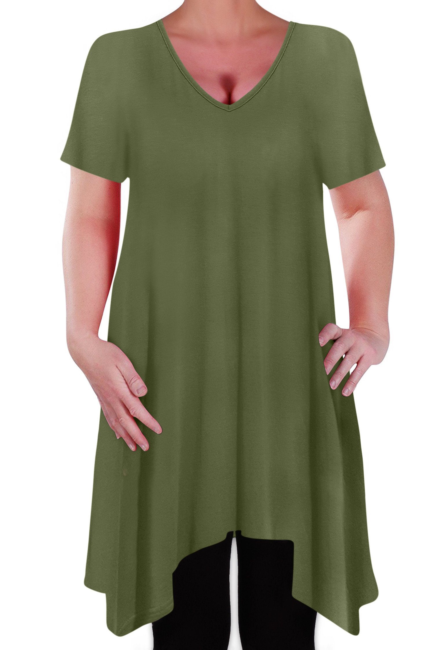 Eye Catch Women's Khaki - Olivia Casual V Neck Long Tunic Uneven Hem Plus Size Flared Top Size 20