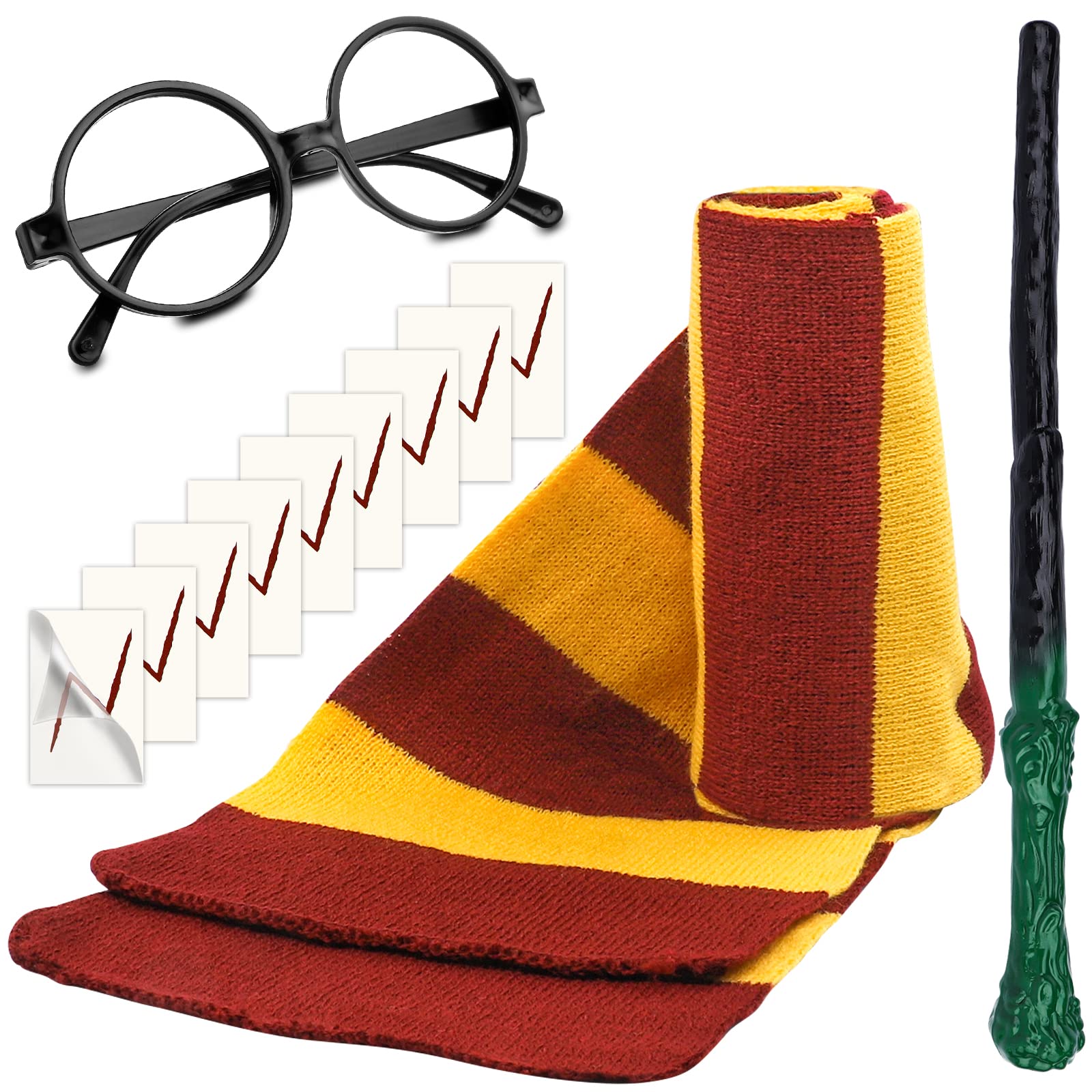 CHRIMISS Wizard Costume Accessory Set Novelty Scarf Wizard Wand Glasses with Round Frame No Lenses Tattoos for Kids Birthday Party Cosplay Costume Accessories Halloween Party, Yellow