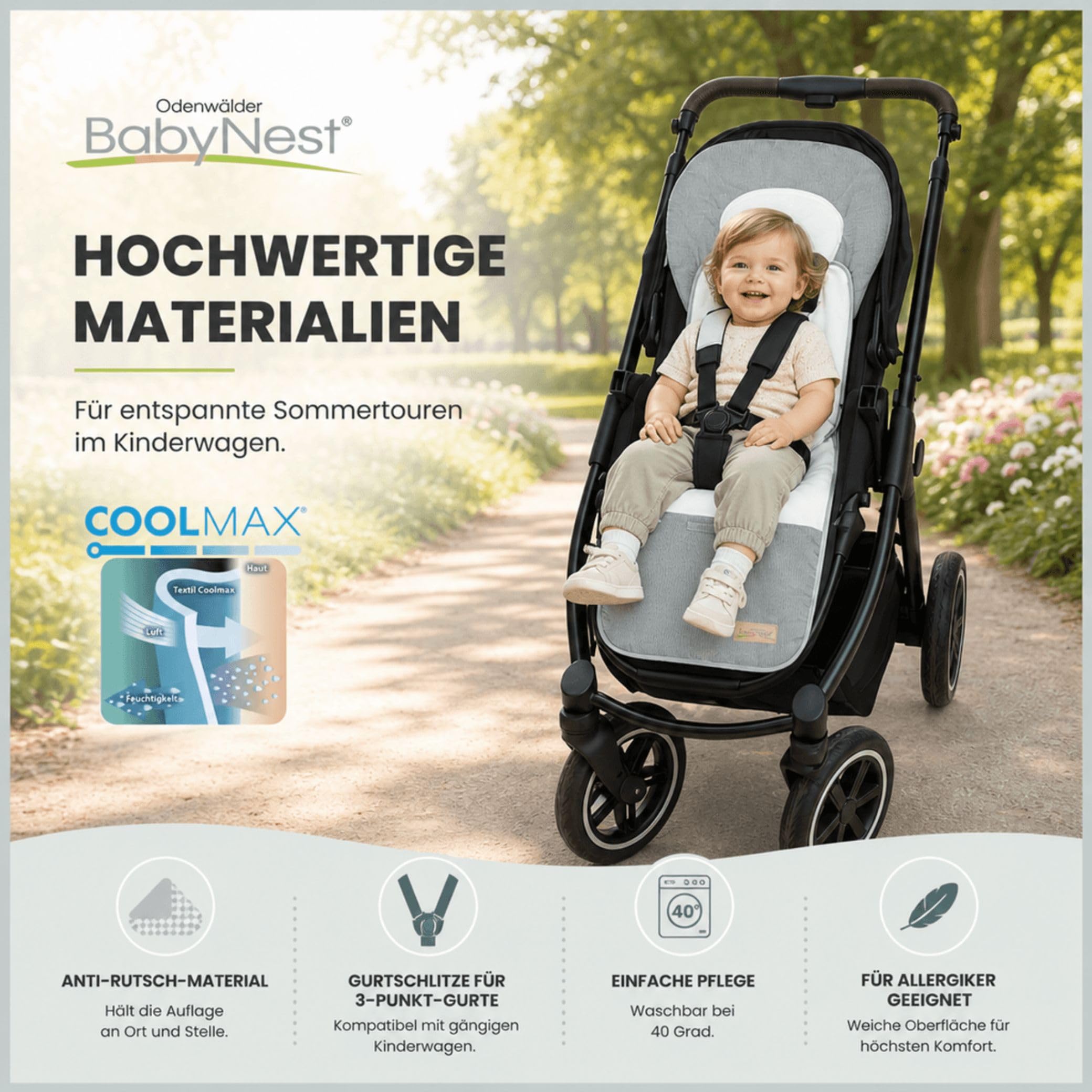 Odenwälder BabyNest Babycool-Auflage Kinderwagen Sitzauflage waschbar atmungsaktiv Sommer Winter