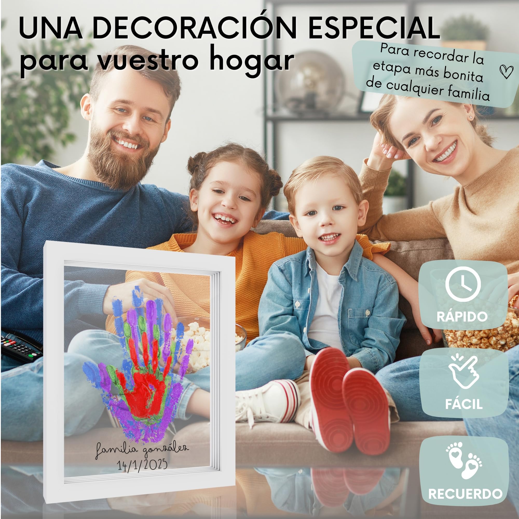 HuBorns – Kit huellas familia con pinturas, marco huellas bebé recién nacido, regalo familiar original, recuerdo padres e hijos y decoración hogar - 5