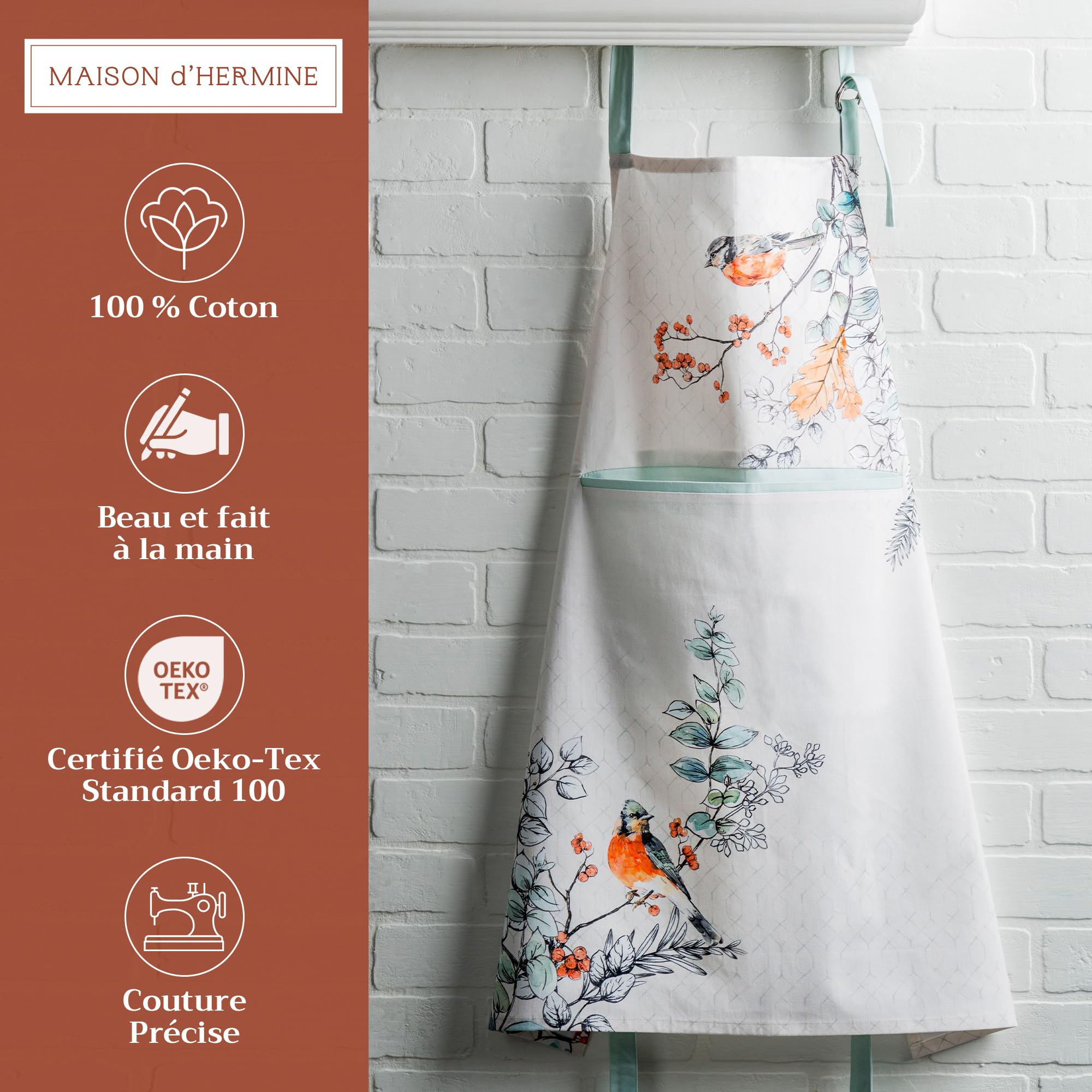 Maison d 'Hermine Delantal de Cocina Blanco Shabby Chique 100% algodón con Cuello Ajustable y Bolsillo Central Oculto Corbatas largas para Mujeres/Hombres, Chef, Restaurante, Hogar (70x85cm) Día Madre