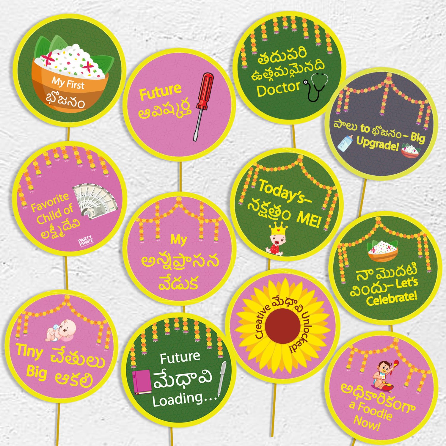 Party Propz Annaprashan Telugu Photo Props - 25 Pcs Annaprashan Photobooth Props for Rice Ceremony, Chor oti Decoration Items, Annaprasana Decoration Items, Rice Ceremony Decorations Items-image-36