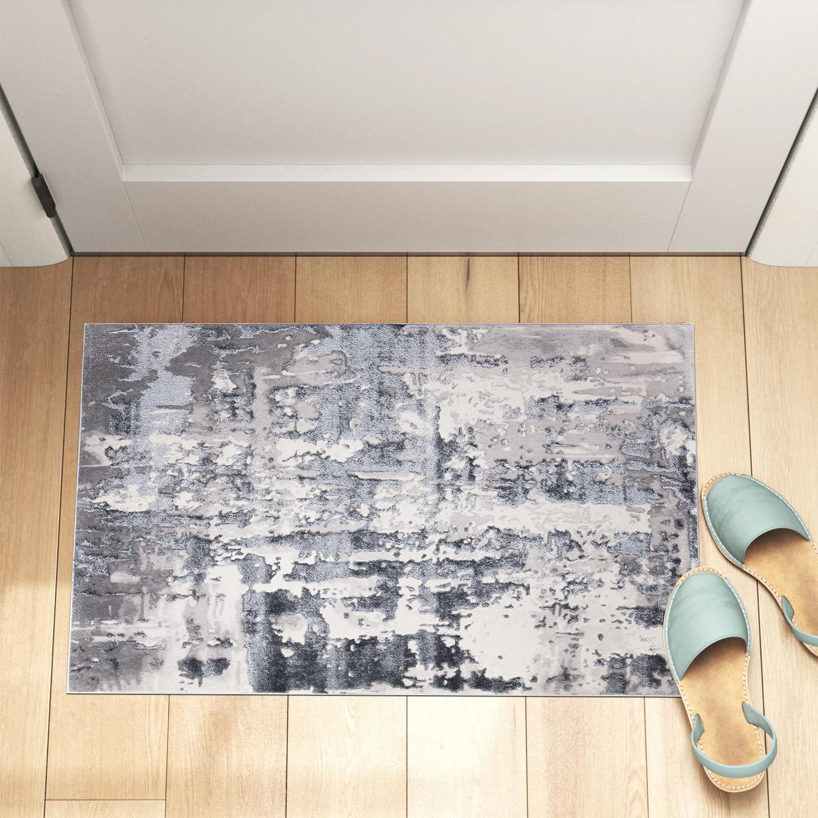 Turkish Pattern Washable Modern Rug, 2 ft x 3 ft 7 in, 60 x 110 cm, Abstract Grey, Small Door Floor Mat for Indoor, Bedside, House Floor, and Kitchen