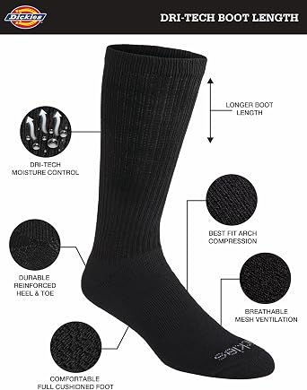 Dickies Men's Dri-Tech Moisture Control Boot-Length Socks, Available in L-XL (6, 12 Pairs)