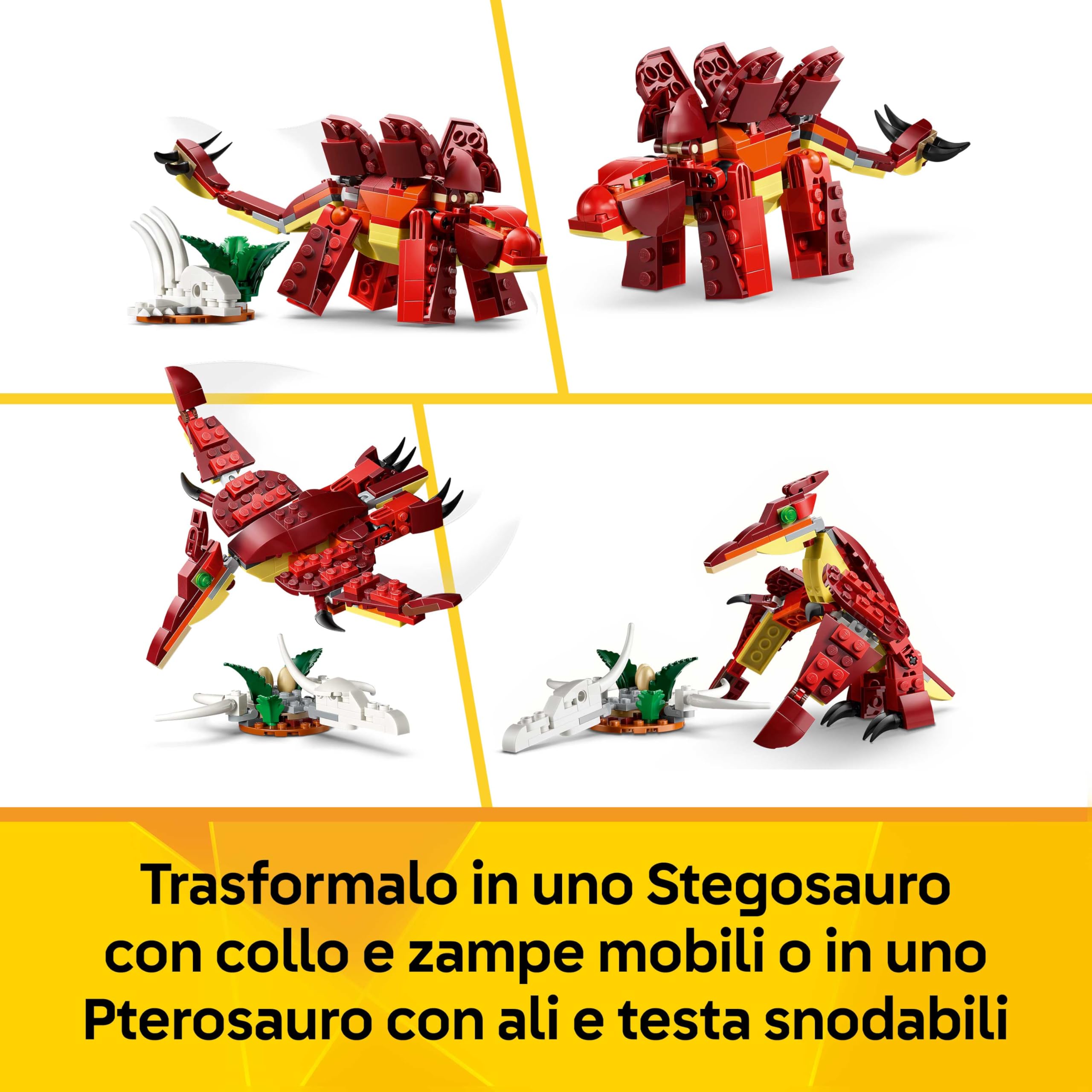 LEGO Creator 3 in 1 Feroce Dinosauro Giocattolo - Figure di Velociraptor, Stegosauro o Pterosauro con Elementi Scheletro e Denti Affilati - Regalo di Compleanno per Bambini e Bambine da 8 Anni - 31379