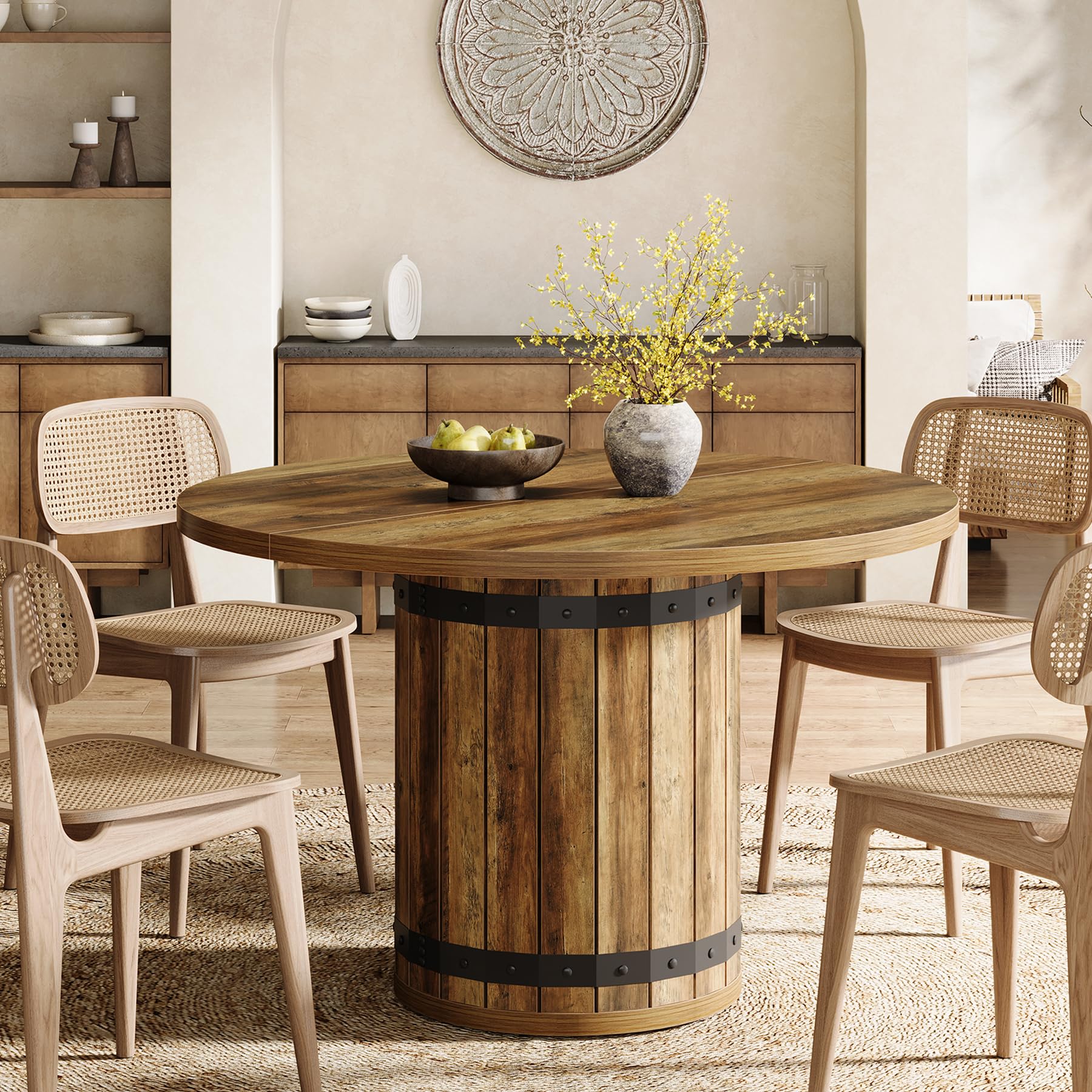 Tribesigns Round Dining Table for 4, 100cm Farmhouse Kitchen Table with Pedestal Base, Space-Saving Dinner Table for Small Dining Room, Living Room (Chairs Not Included)