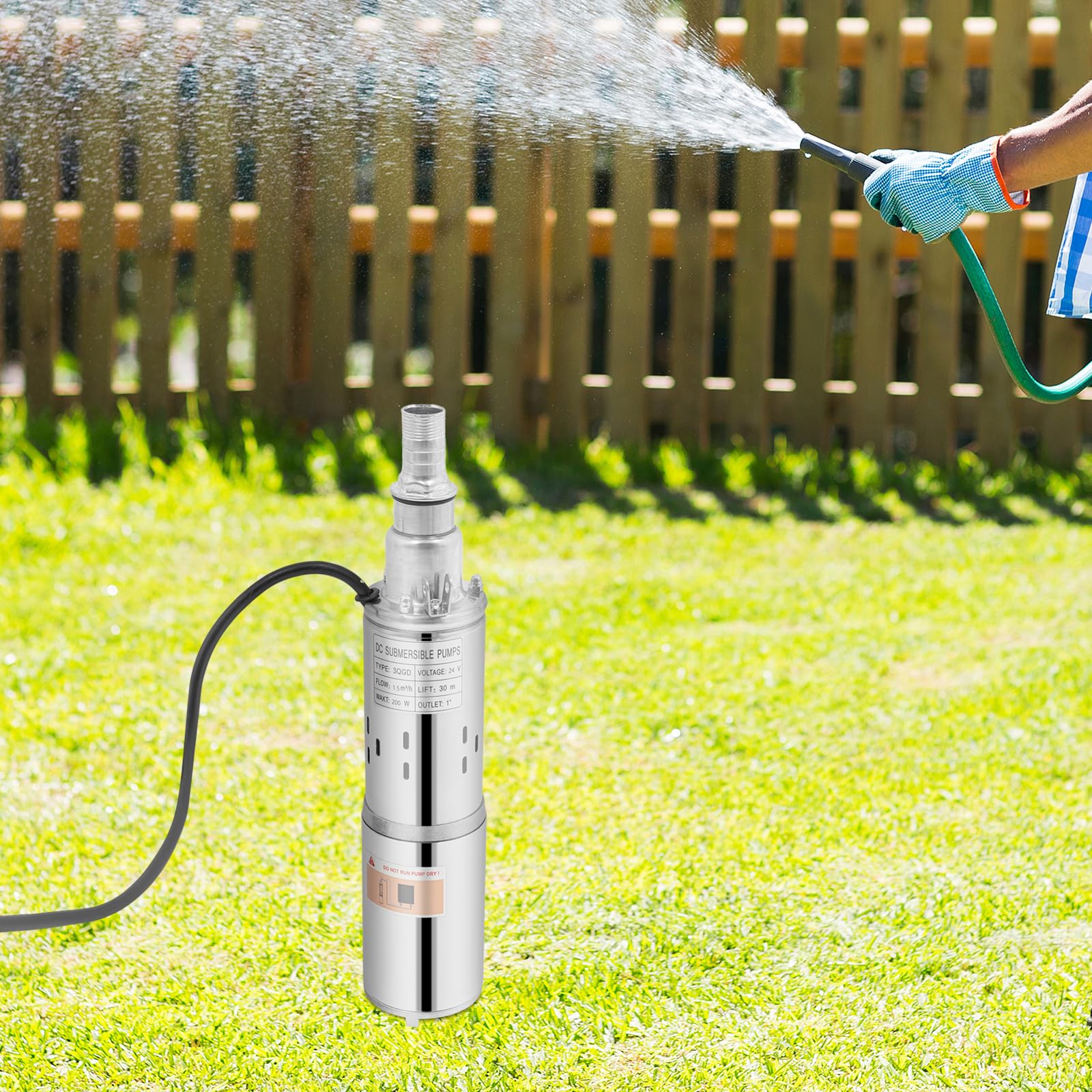 Pompa dell'acqua solare da 200 W, pompa sommergibile in acciaio inox, portata massima 1,5 m³/H, profondità di immersione 17 m, per l'irrigazione agricola, il giardino, argento 7,8 x 38,5 cm
