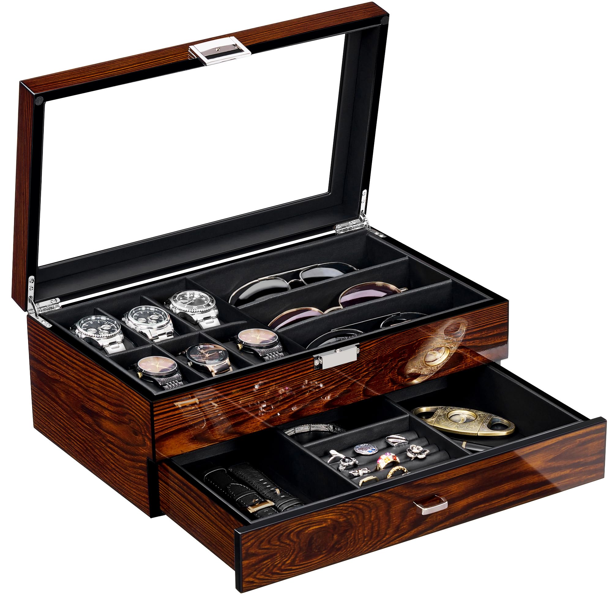 BEWISHOME Men’s Jewelry Box Organizer with Watch Box, 6-Slot Watch Box & Sunglasses Organizer with Drawer, PU Leather Interior, Solid Wooden Watch Case Display with Large Clear Glass Lid, Gift Idea