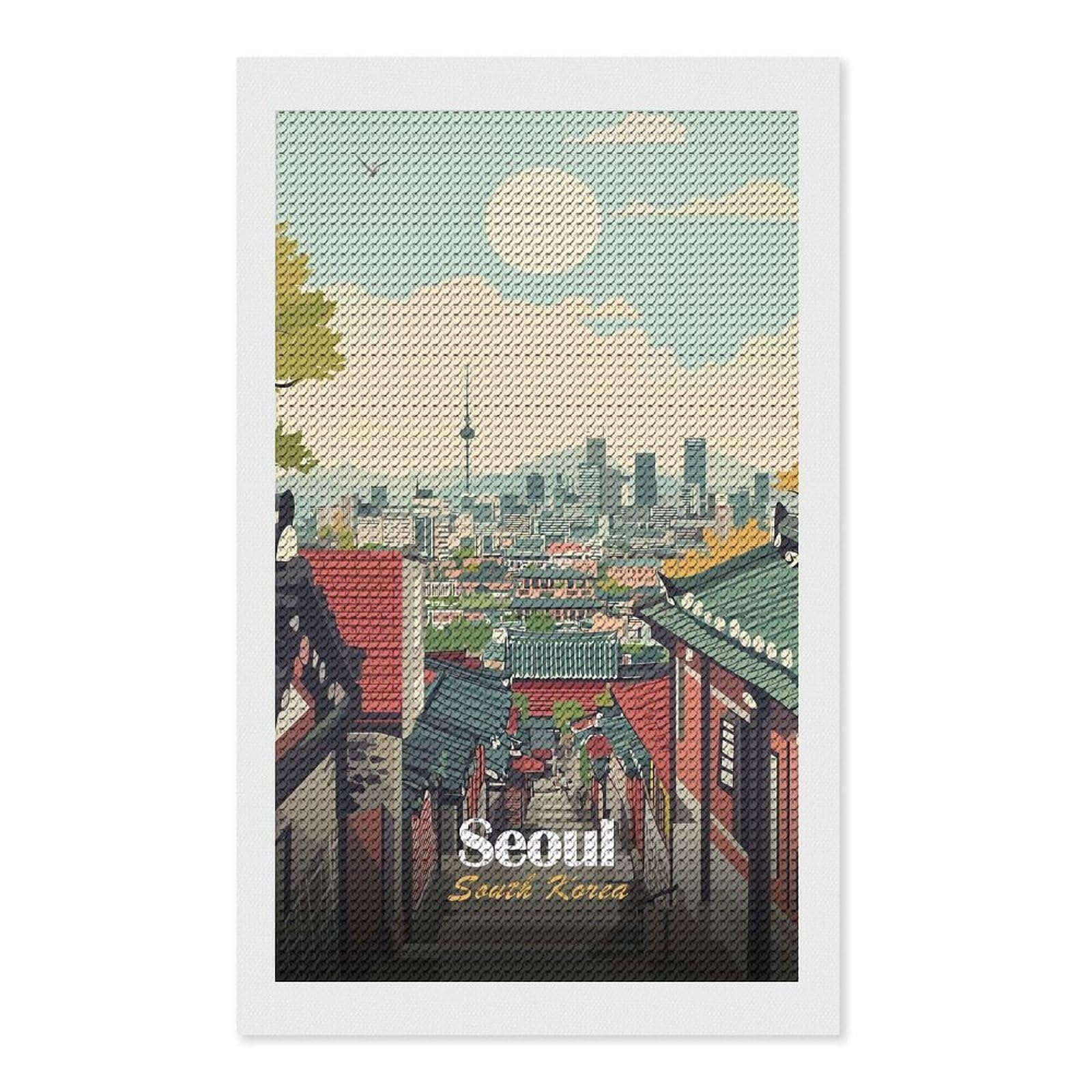 Junmoney Seoul Cityscape Illustration Diamond Painting Set 12"x20", Modern Decor, for Beginners, Printed Canvas, Thoughtful Handmade Gift, with Tool Kit