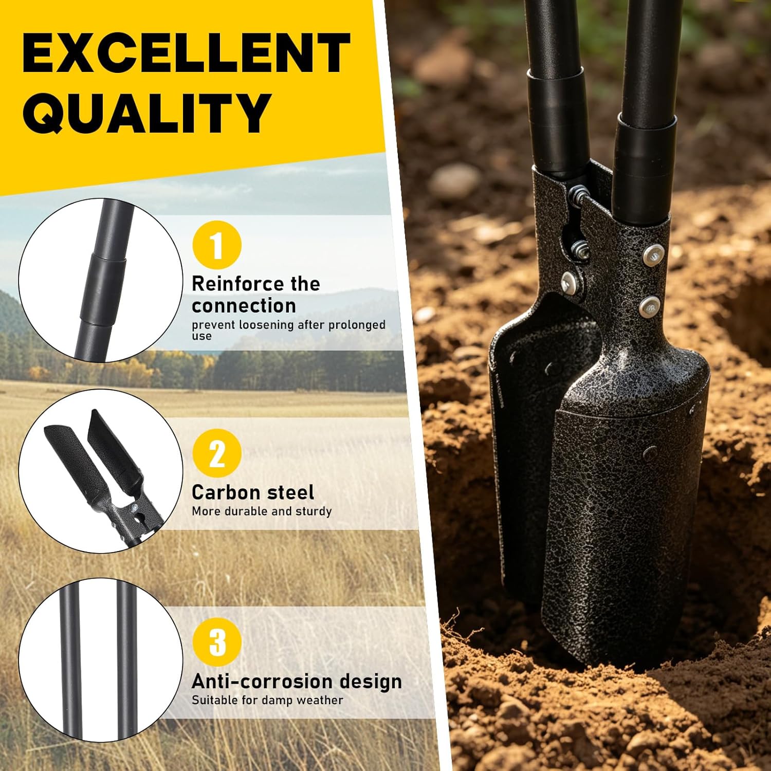 Post Hole Digger Manual, 57" Fence Post Digger with Carbon Steel Blades, Adjustable Long-Handle Plant Hole Digging Tool, Garden Hole Digger, Trench Digger for Fences, Plants & Soil