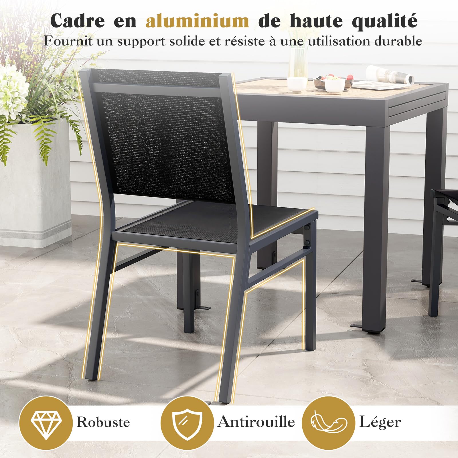 COSTWAY Lot de 2 Chaise de Jardin Extérieure avec Cadre en Aluminium, Chaise de Terrasse sans Accoudoirs, Chaise de Salle à Manger pour Patio avec Siège et Dossier Respirants, Charge 150 KG