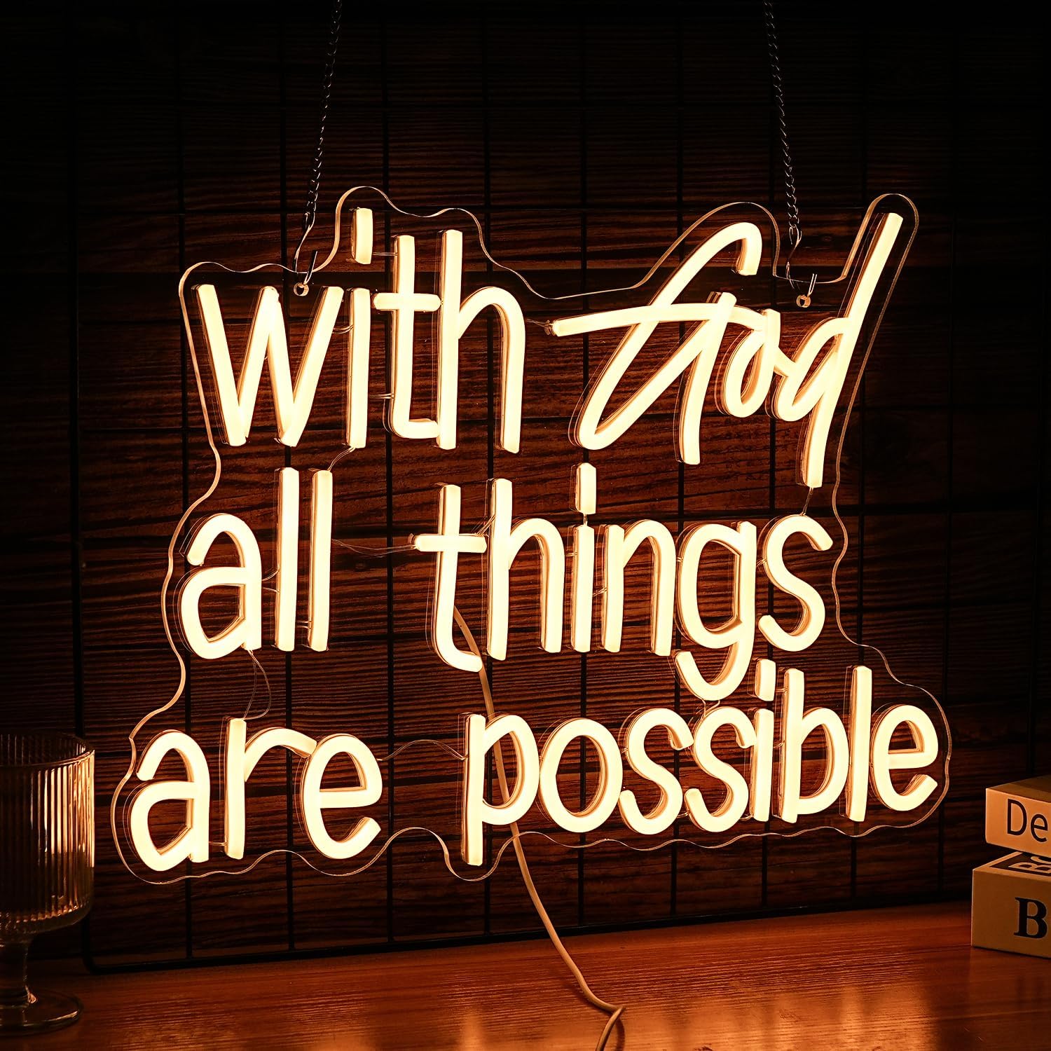 Neonowy znak "With God All Things Are Possible", jasna, ciepła biel, Bóg, neonowe światła LED, do dekoracji ścian, ściemniane, zasilanie USB, podświetlany bóg, neonowy znak świetlny do pokoju, na