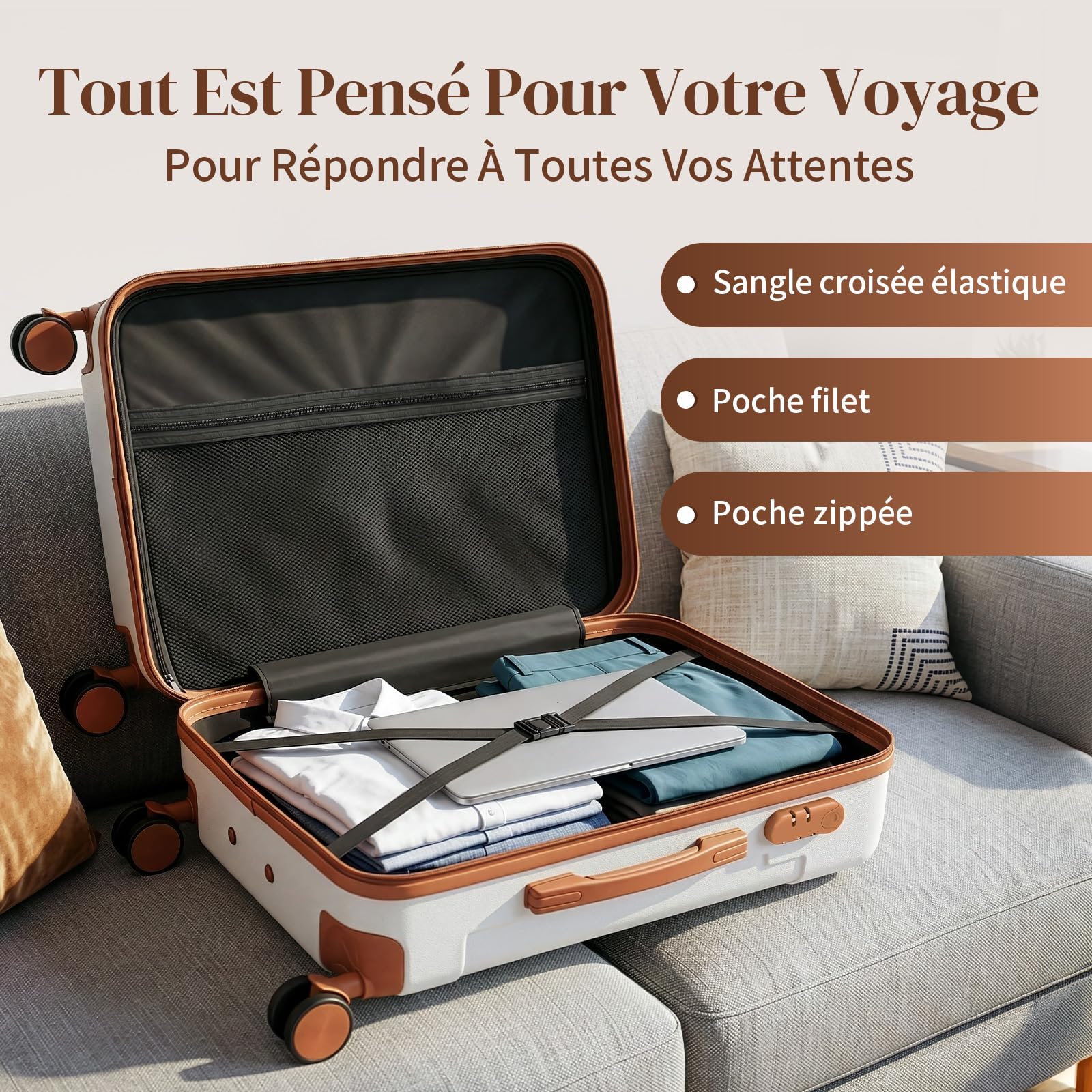 LALAHO Valise de Voyage Moyenne en ABS, Bagage Suitcase Rigide (Beige-Brun, L/65cm)