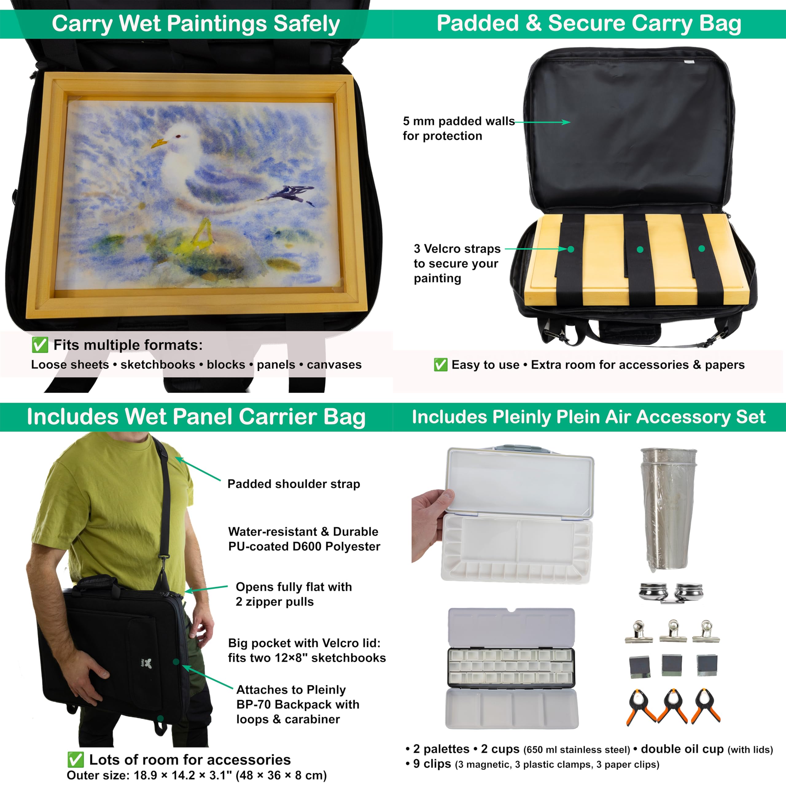 Plein Air - Cavalletto portatile ad acquerello, con zaino BP-70, supporto per pannello bagnato in legno, treppiede e sgabello pieghevole, album da disegno in 100% cotone, 2 tavolozze, tazze