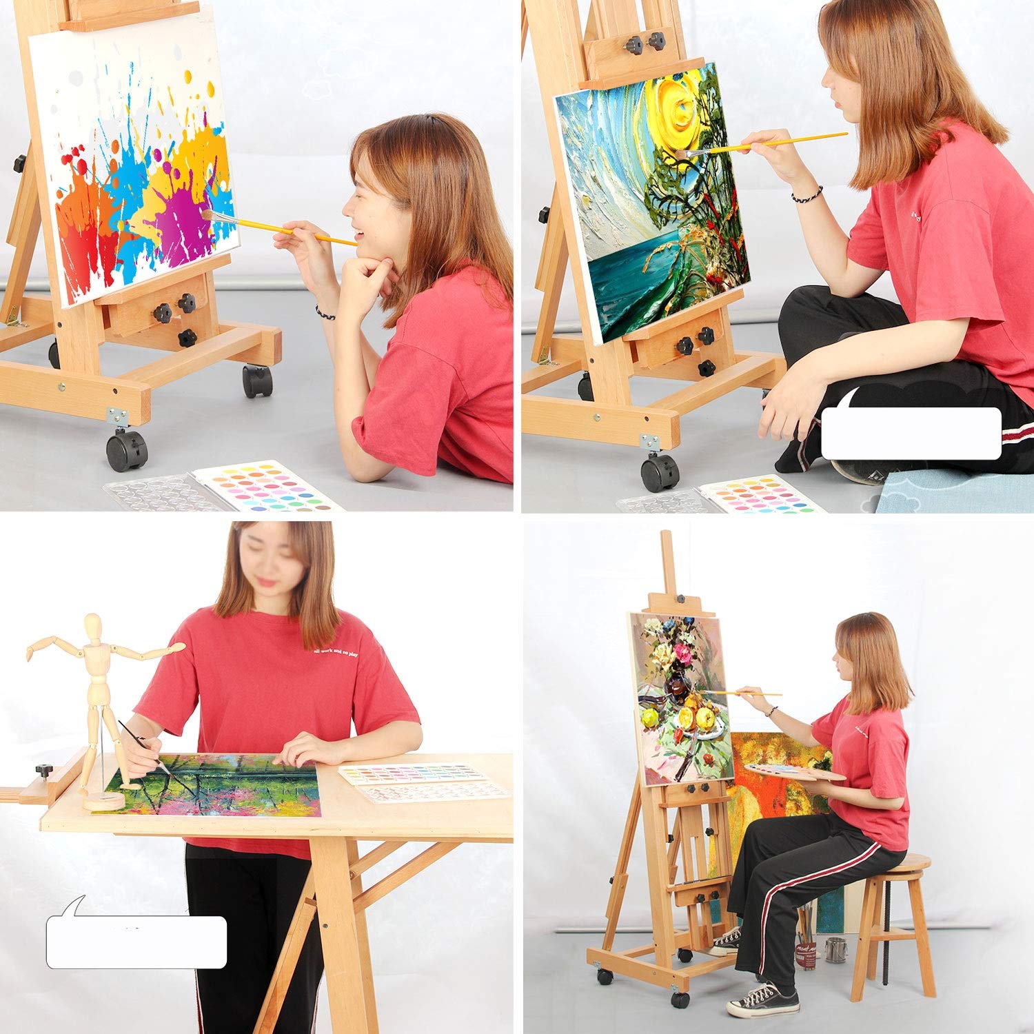 Chevalet de Peinture en Bois, Grand chevalet Multifonctionnel Professionnel en hêtre pour Studio, Support d'affichage publicitaire pour Toiles d'intérieur avec Panneau 4K