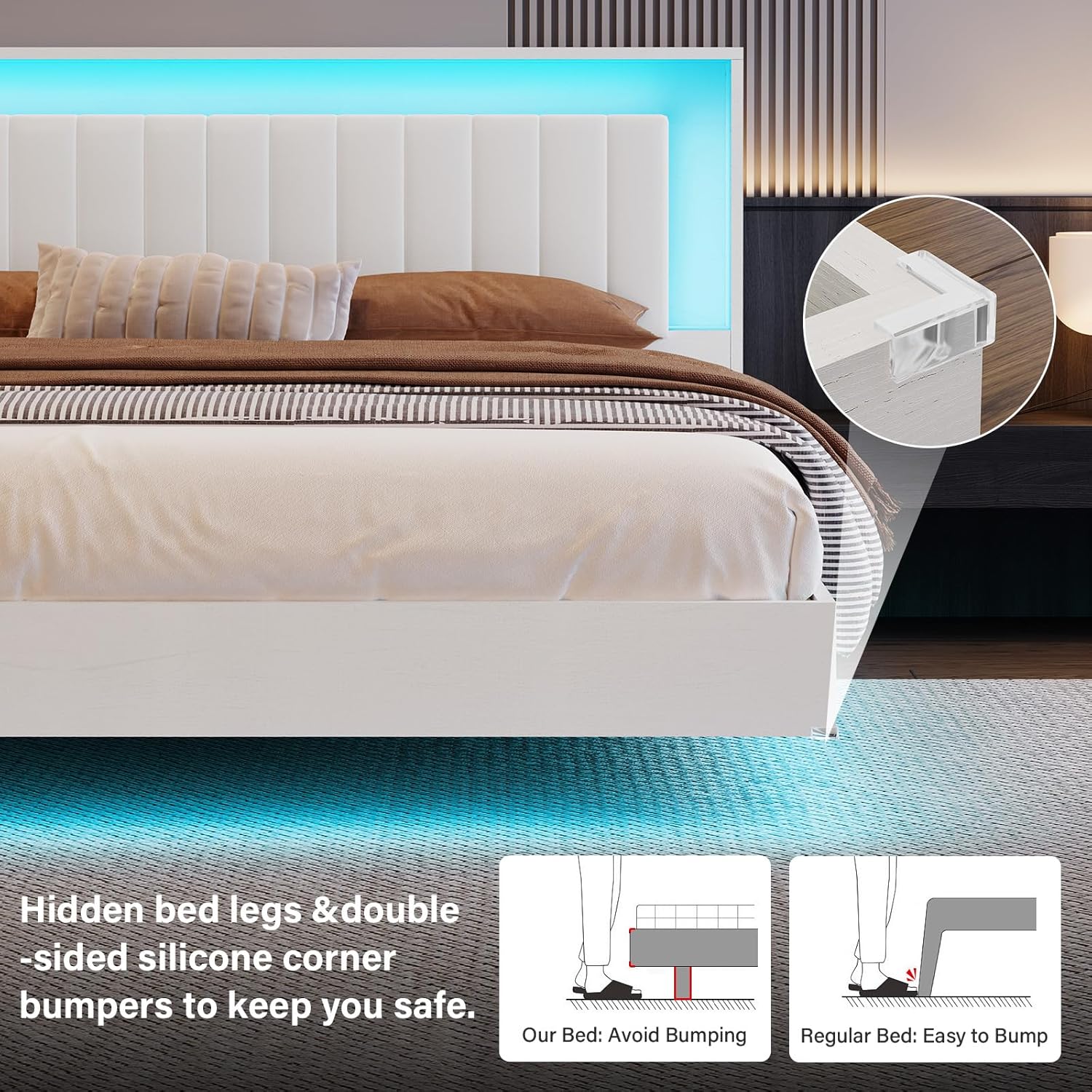 Belffin Floating Bed Frame King Size with LED Lights & Charging Station, Wooden Headboard with Hidden Storage and Faux Leather Backrest, Easy Cleaning, No Box Spring Needed, Noise-Free, White
