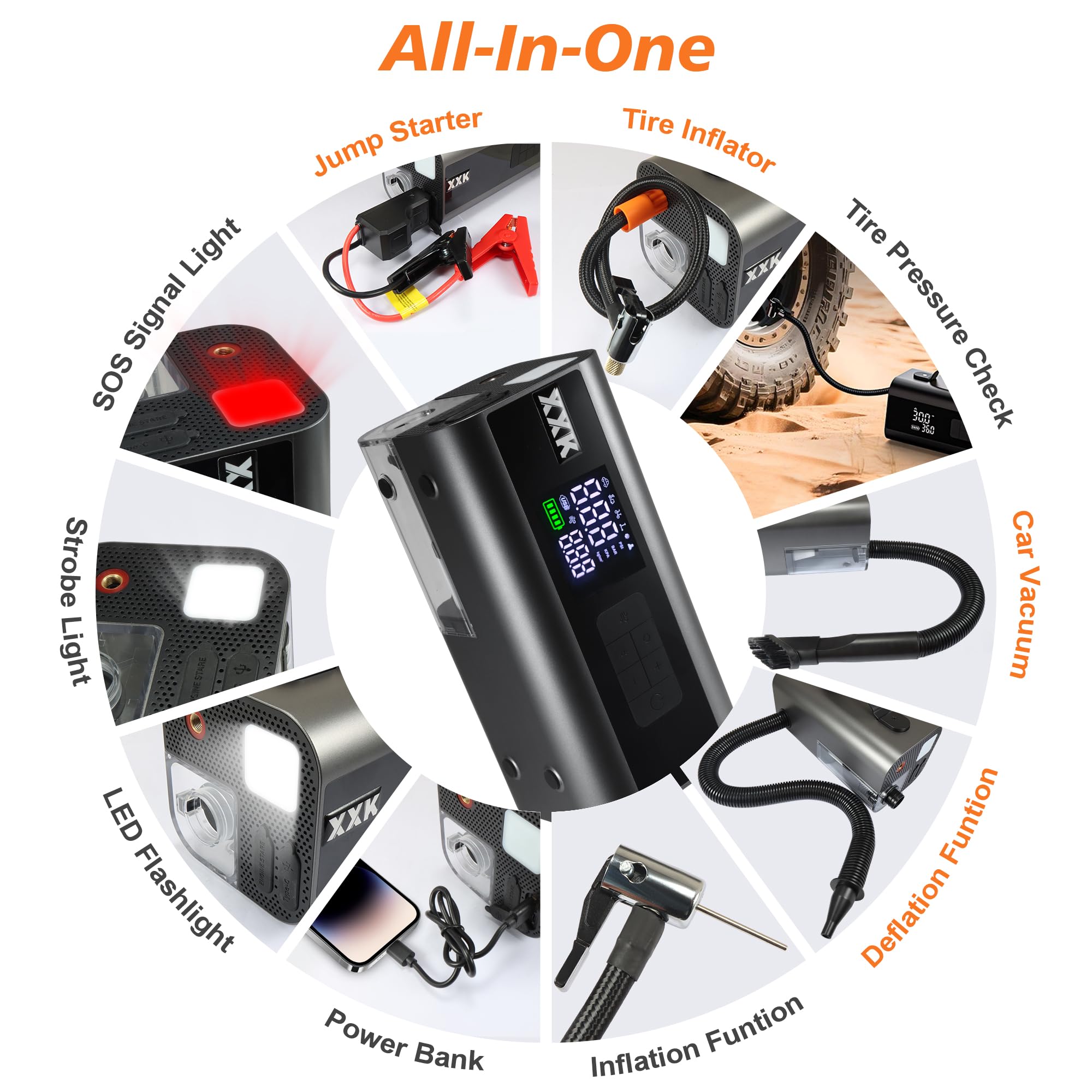 Compresor de aire portátil para inflador de neumáticos y arrancador de coche, bomba de aire de 150 PSI con medidor digital, luz LED, apagado automático, succión de aire y soplado, para pelotas de