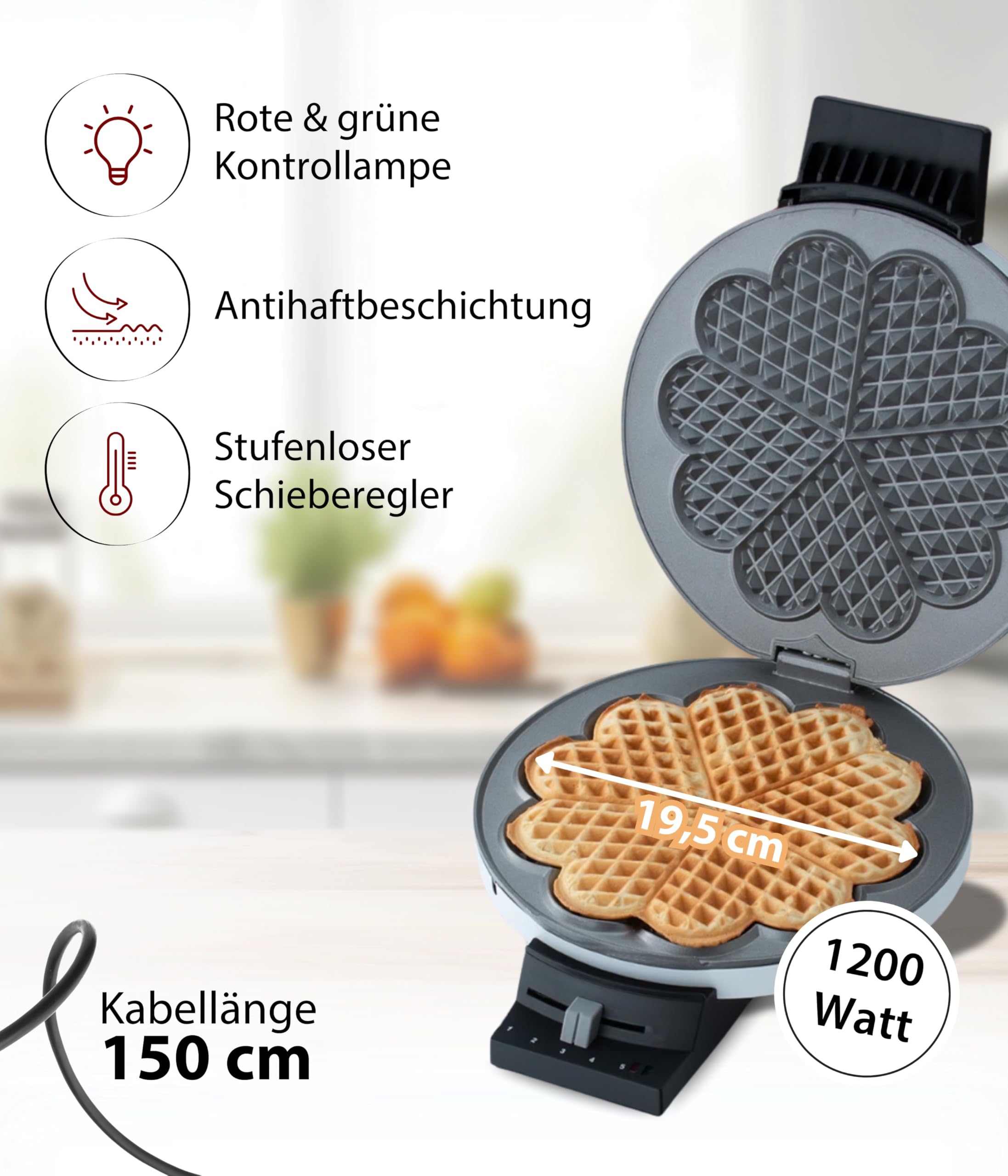Cloer 120 Waffeleisen für eine XXL-Herzwaffel mit 19,5 cm Durchmesser, Herzwaffeleisen mit Antihaftbeschichtung, stufenlosem Bräunungsgrad und Backampel, Weiß, 930 W