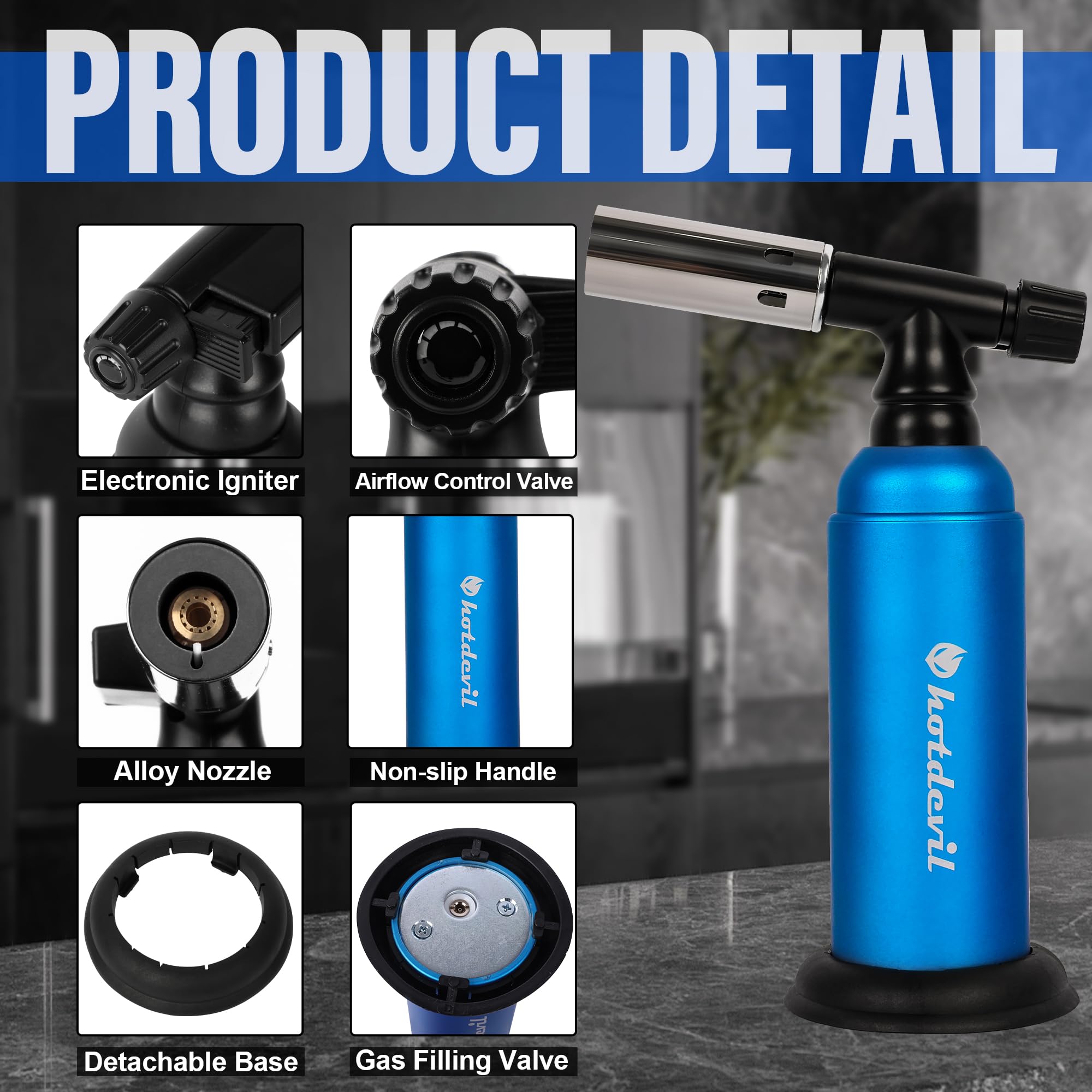 Hotdevil Antorcha de butano grande de 20 g, recargable, industrial, ajustable, llama única, soplete de cocina, encendedor con bloqueo de seguridad para soldar, hornear, soldar, manualidades (gas