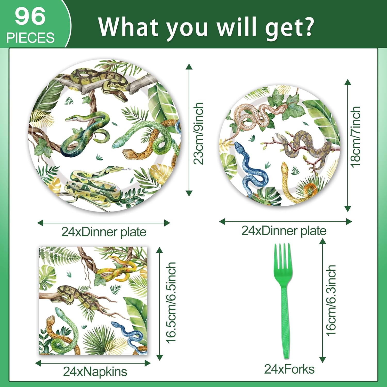 Reptile Snake Birthday Party Decorations - 96 PCS Snake Plates and Napkins Party Supplies Jungle Wildlife Wilderness Reptile Snake Disposable Tableware Set Serve 24 Guests - Image 4