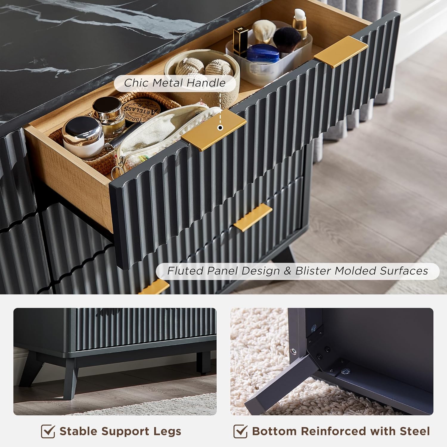 T4TREAM Fluted 8 Drawers Dresser, 54" Wide Modern Chest of Drawers with Faux Marble Top, Curved Profile Design, Dresser TV Stand, Wood Drawer Organizer for Bedroom, Living Room, Hallway, Dark Grey 16"D x 54"W x 32"H (8 Drawers) Dark Grey