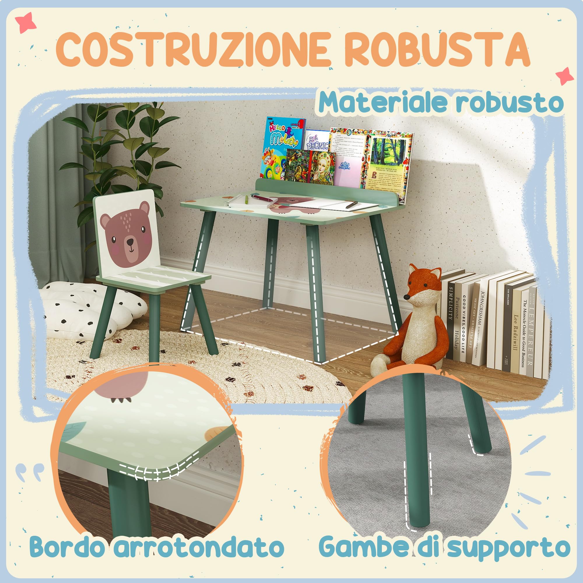 AIYAPLAY Set Sedia e Tavolino per Bambini con Ripiano Portaoggetti, Banco Scuola e Sedia in MDF e Legno di Pino, per Cameretta, Stanza da Gioco, Camera da Letto, Verde