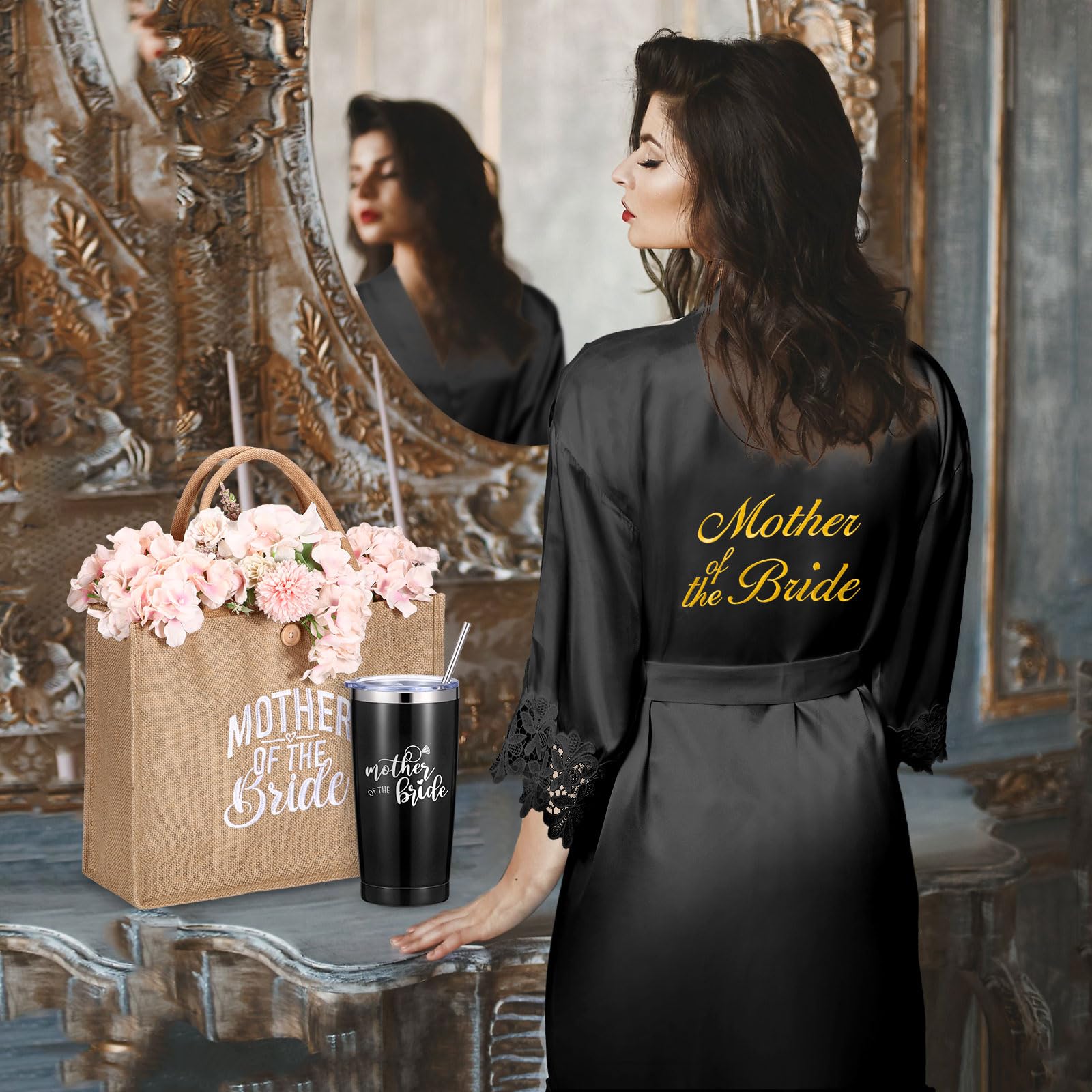 Jeyiour Juego de regalo de 6 piezas para madre de la novia y el novio, batas de satén, bolsa de mano de acero inoxidable de 20 onzas, vasos para compromiso, boda, fiesta de novia (negro)