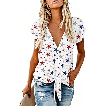 Roshop 4th of July Juneteenth Blouse Women Dressy Black History V-Neck Tie Knot Ruffle Sleeve Tops