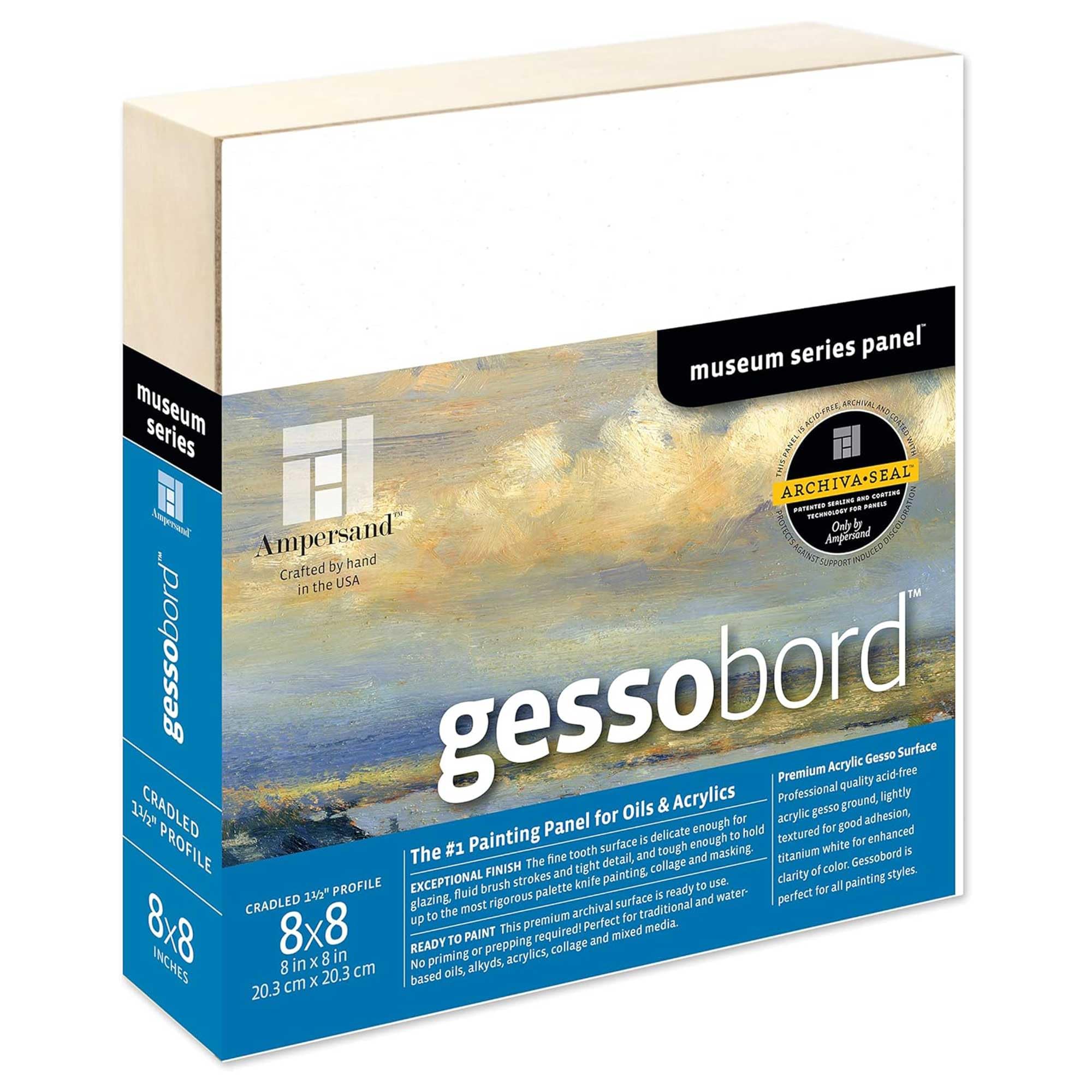 Ampersand Art Supply Gesso Wood Painting Panel: Museum Series Gessobord, 8" x 8", 1.5 Inch Cradle