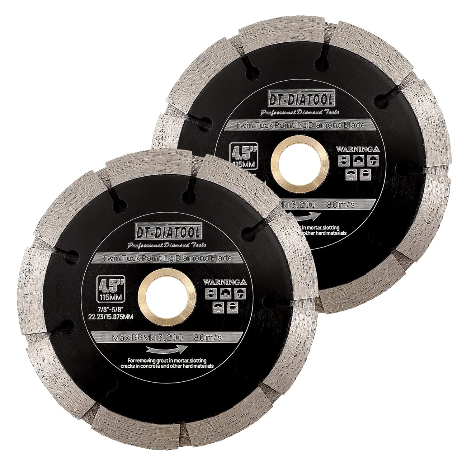 DT-DIATOOL Sandwich Tuck Point Blade - 4-1/2 Inch Mortar Raking Chaser Dual Diamond Blade 7/8"-5/8" Arbor for Mortar Removal,Grout Concrete Asphalt Surfaces Repair,Masonry Brick Stone Cutting 2pcs