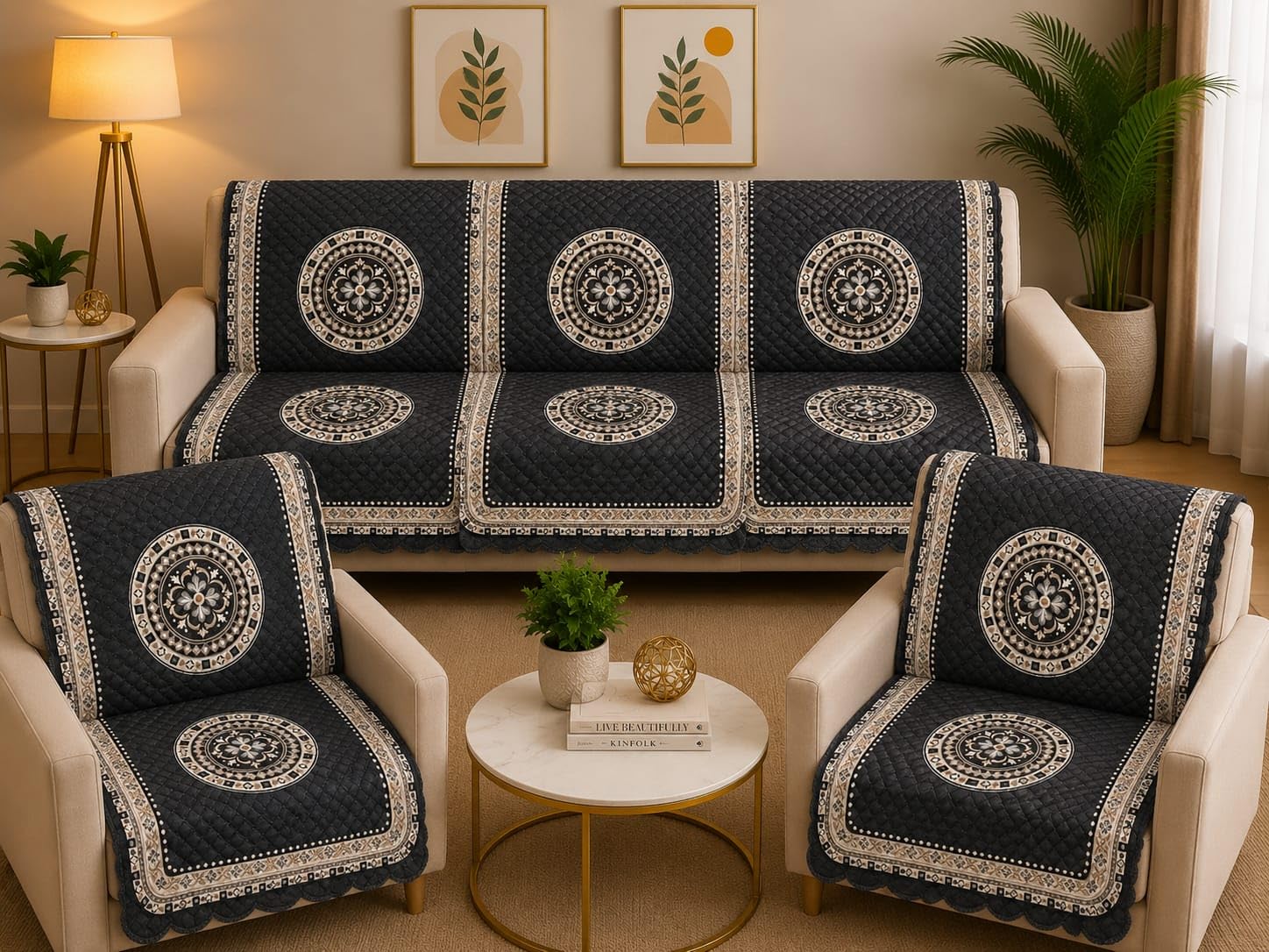 ONAVH Presents Quilted Sofa Cover Set 5 Seater for Living Room 3 Seater & 1+1 Seater Sofa Slip Covers for Home Premium Furniture Protector Panels for Sofa Couch Office, 10 Pieces, Safai GOL Dark Gray-image-39