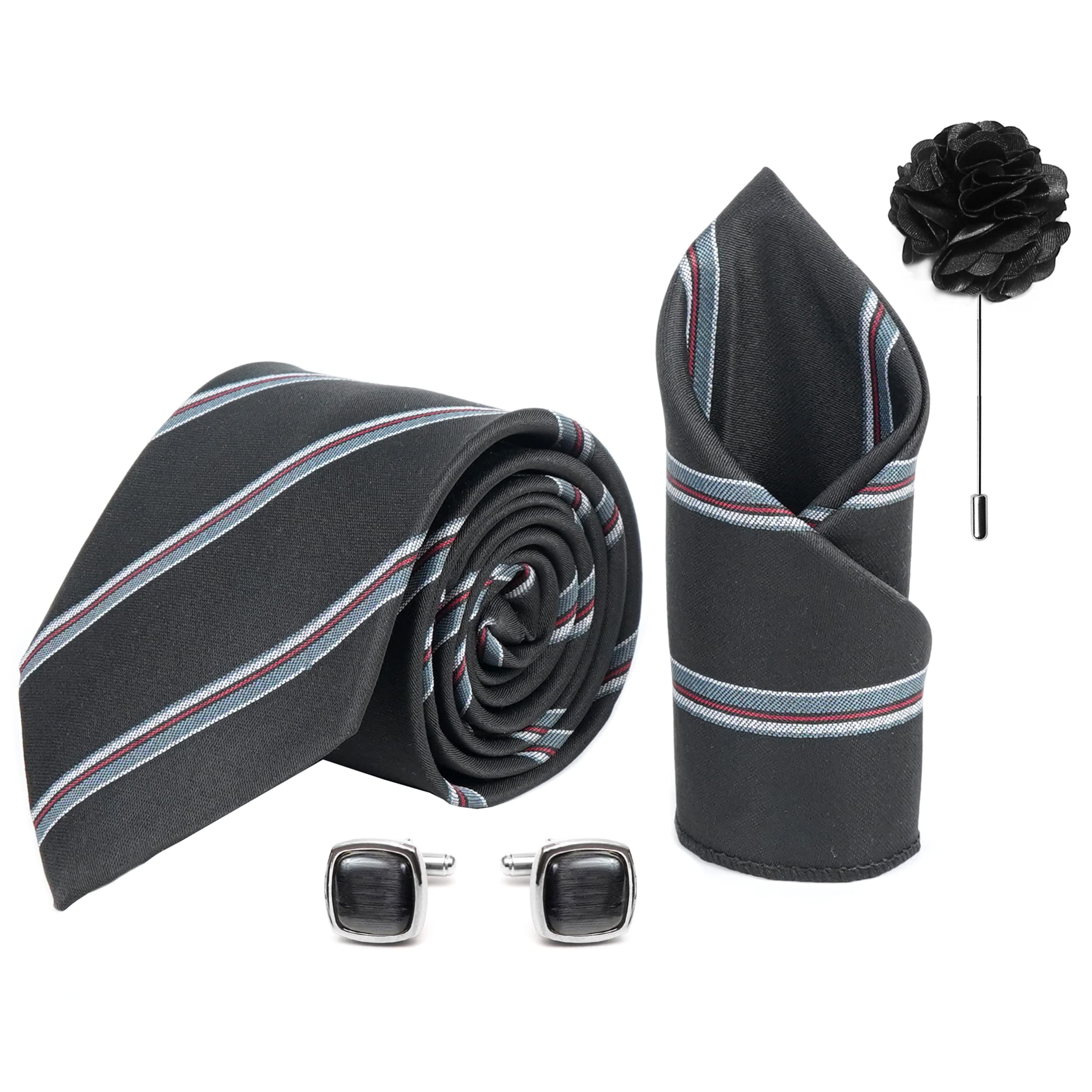 Mens Plaid Micro Self Silk Necktie Gift Set With Pocket Square Cufflinks & Brooch Pin Tie for Men Formal Tie Set with Box (Pack of 4) (Black, 2022AX_3)-image-40