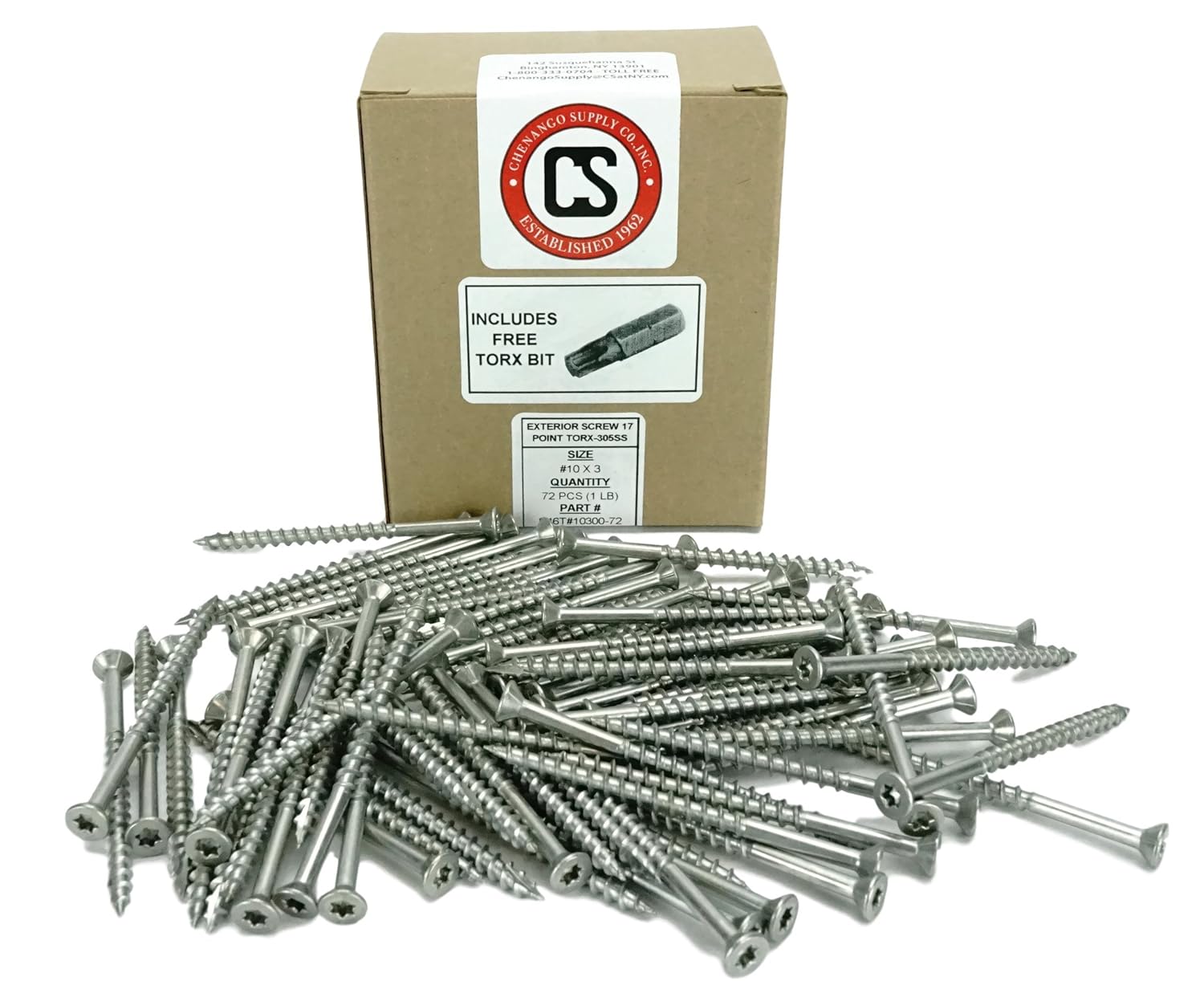 Chenango Supply 1 LB 305 Stainless Torx Deck Screw #10 x 3 Flat Head w/Nibs, Type 17 Point, Bit Included (#10x3 72 PCS)