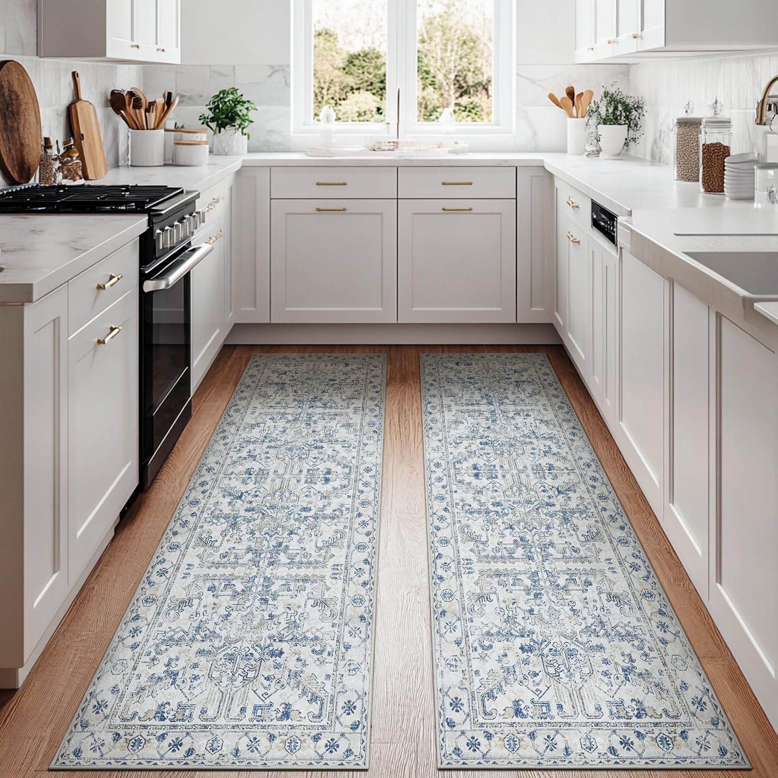 jinchan Kitchen Runner Rug 3x10-2pcs, Bohemian Hallway Washable Rug Floral Non Slip with Rubber Backing Vintage Carpet Runner for Bedroom Bathroom Laundry Room Living Room Decor Blue
