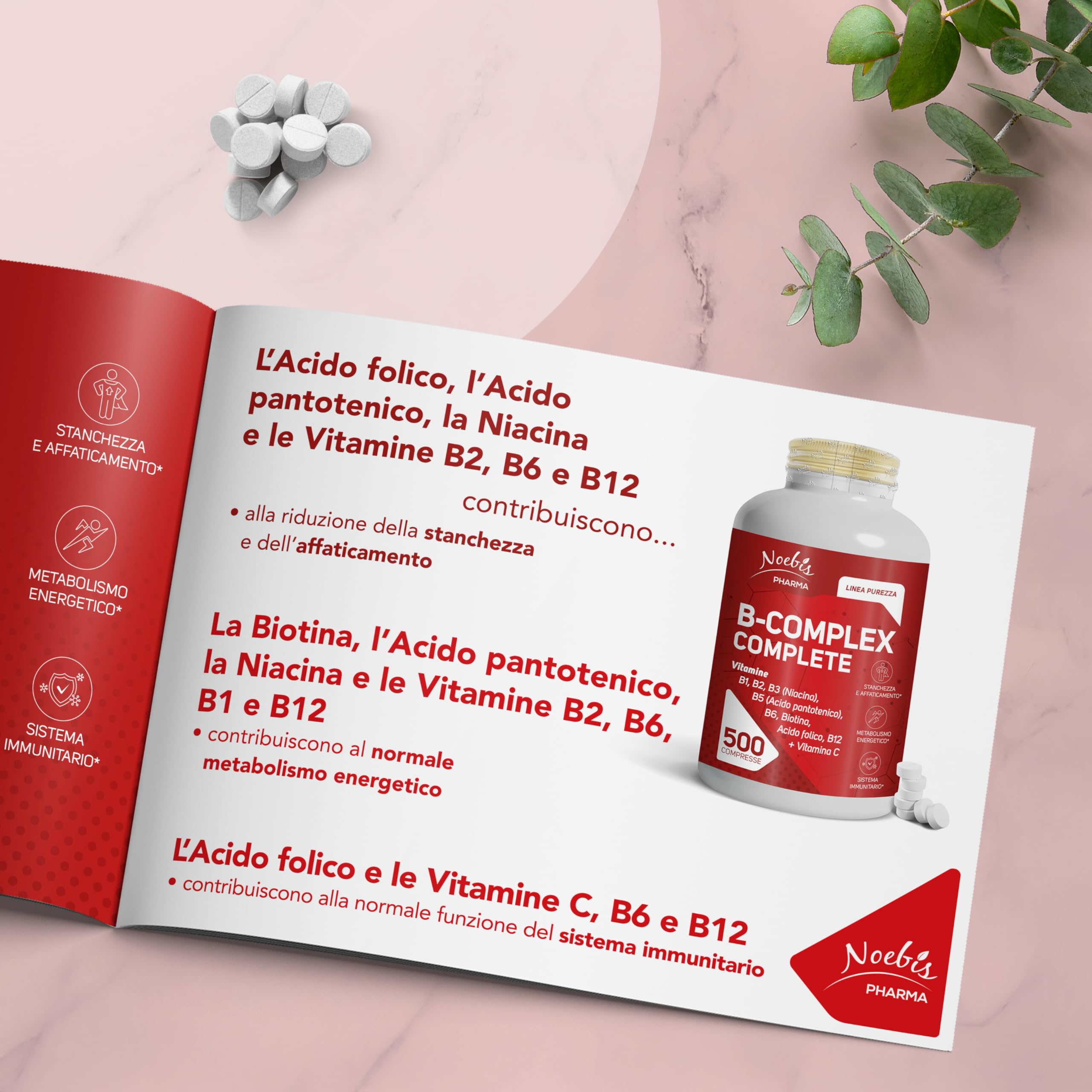 Vitamina B Complex Noebis Pharma con Vitamina C - B1 B2 B3 B5 B6 Biotina Acido Folico B12-500 Compresse Maxi Scorta (Confezione da 4)