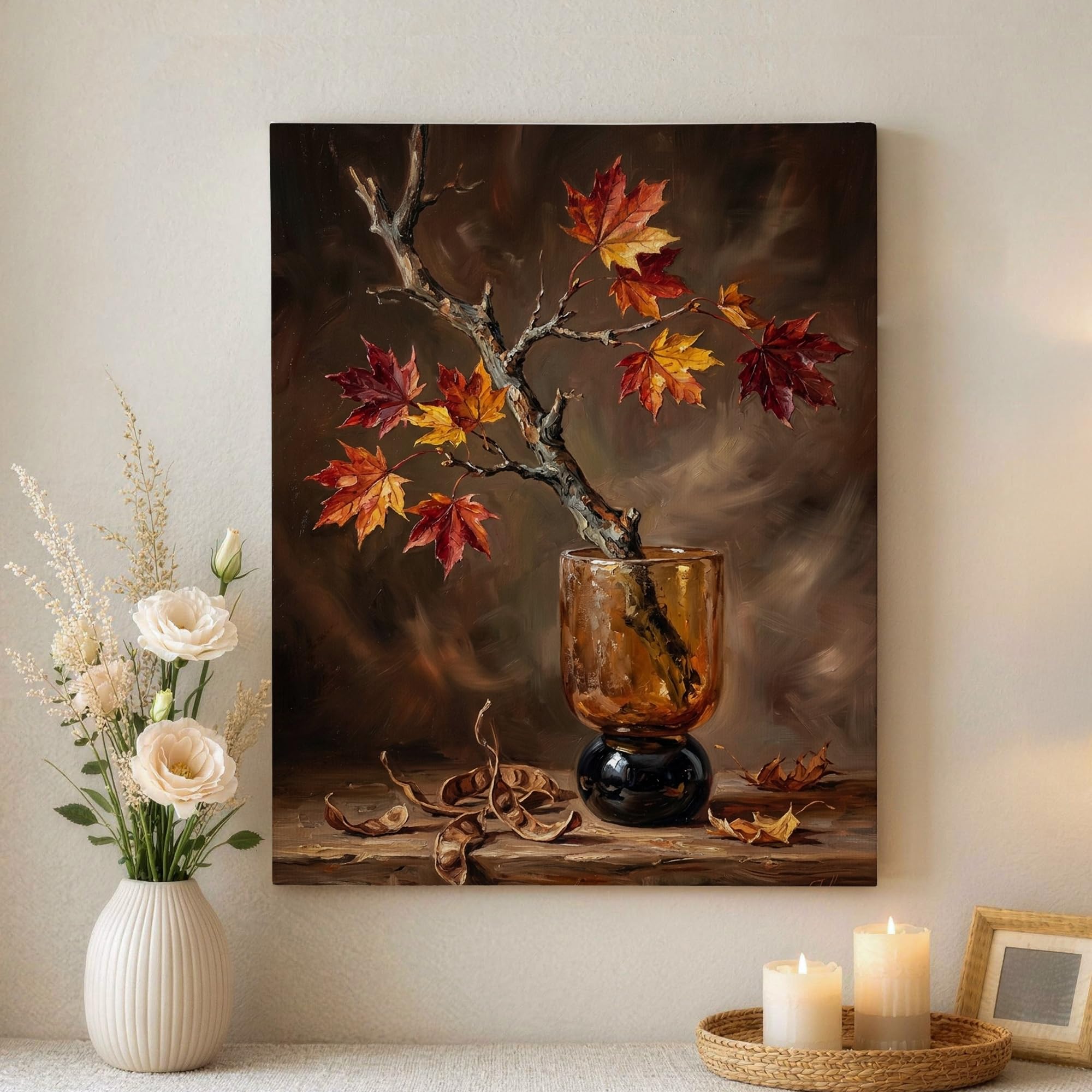 Decora paredes vacías con este lienzo de florero marrón de otoño 8