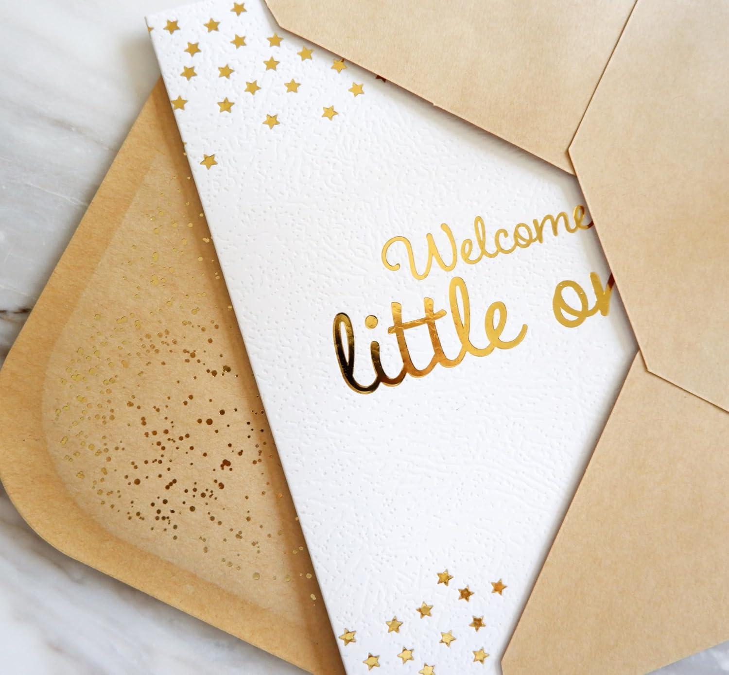 Welcome Little One Greeting Card - Single New Baby Card for Baby Shower, Newborn, Birth & New Parents on White Color Textured Paper with Gold Foil and Glitter Envelope - 5" x 7" - Blank Inside image 5