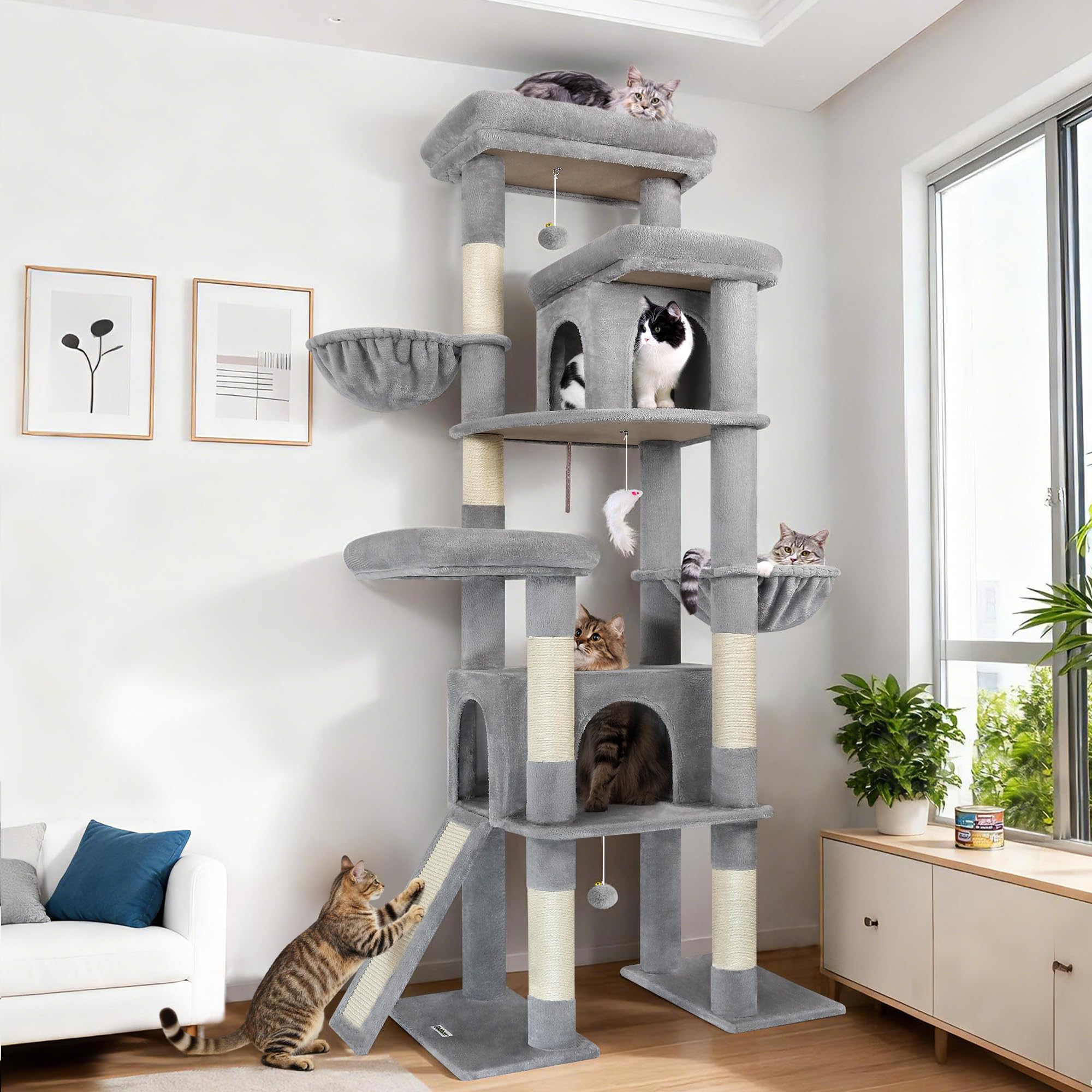Diagram showing the dimensions of the Globlazer XXL Giant Cat Tree S78, including height, length, width, and individual platform sizes.