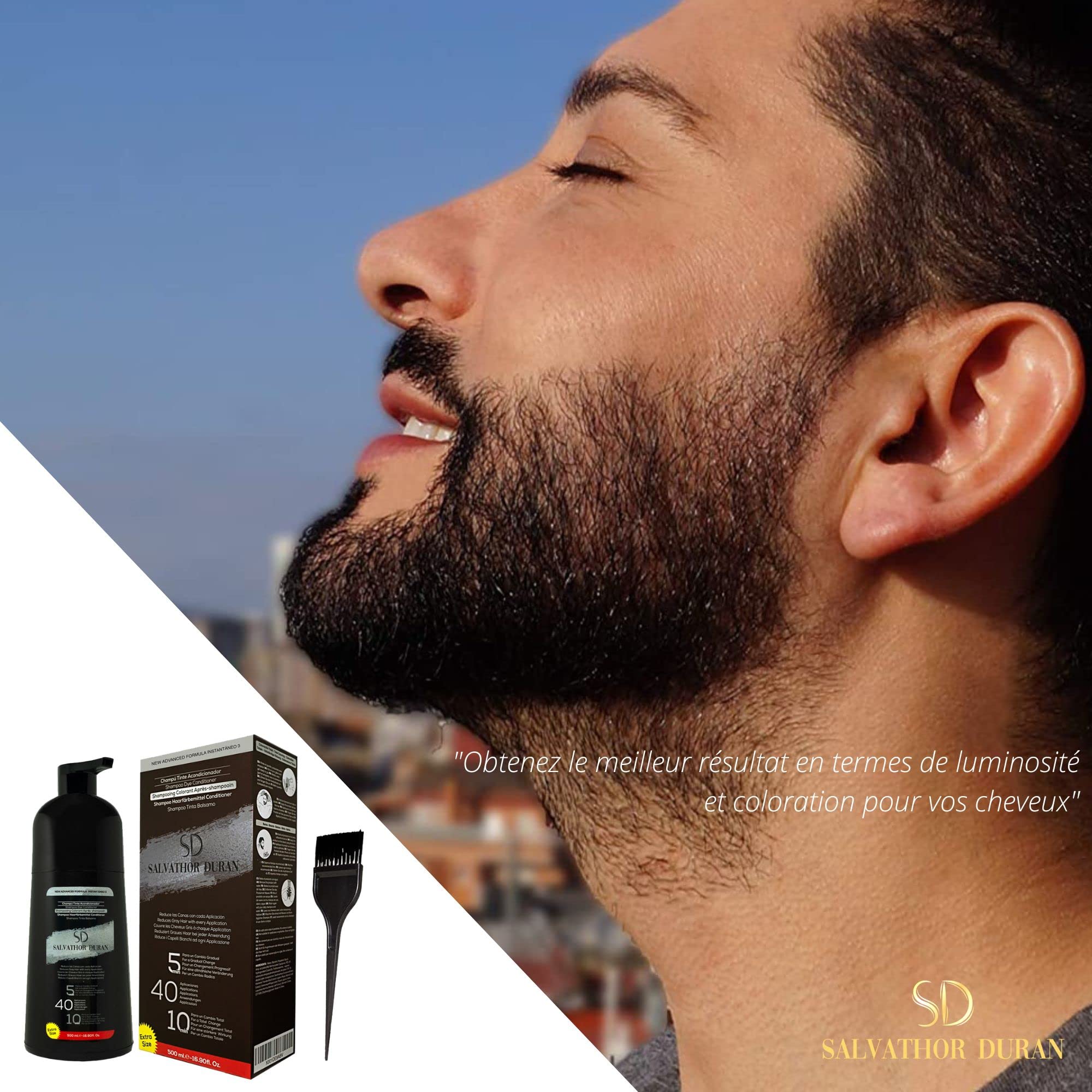 Shampoing Colorant - Teinture Barbe Homme - Teinture Barbe - Shampoing Colorant Noir - 40 Applications - Salvathor Duran - 500 ml