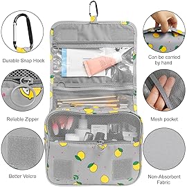 LAKIBOLE Travel Essentials Organizer Bag for Women Toiletry Bag Hanging Multifunction Cosmetic Bag Portable Makeup Pouch Waterproof (Grey & Lemon)