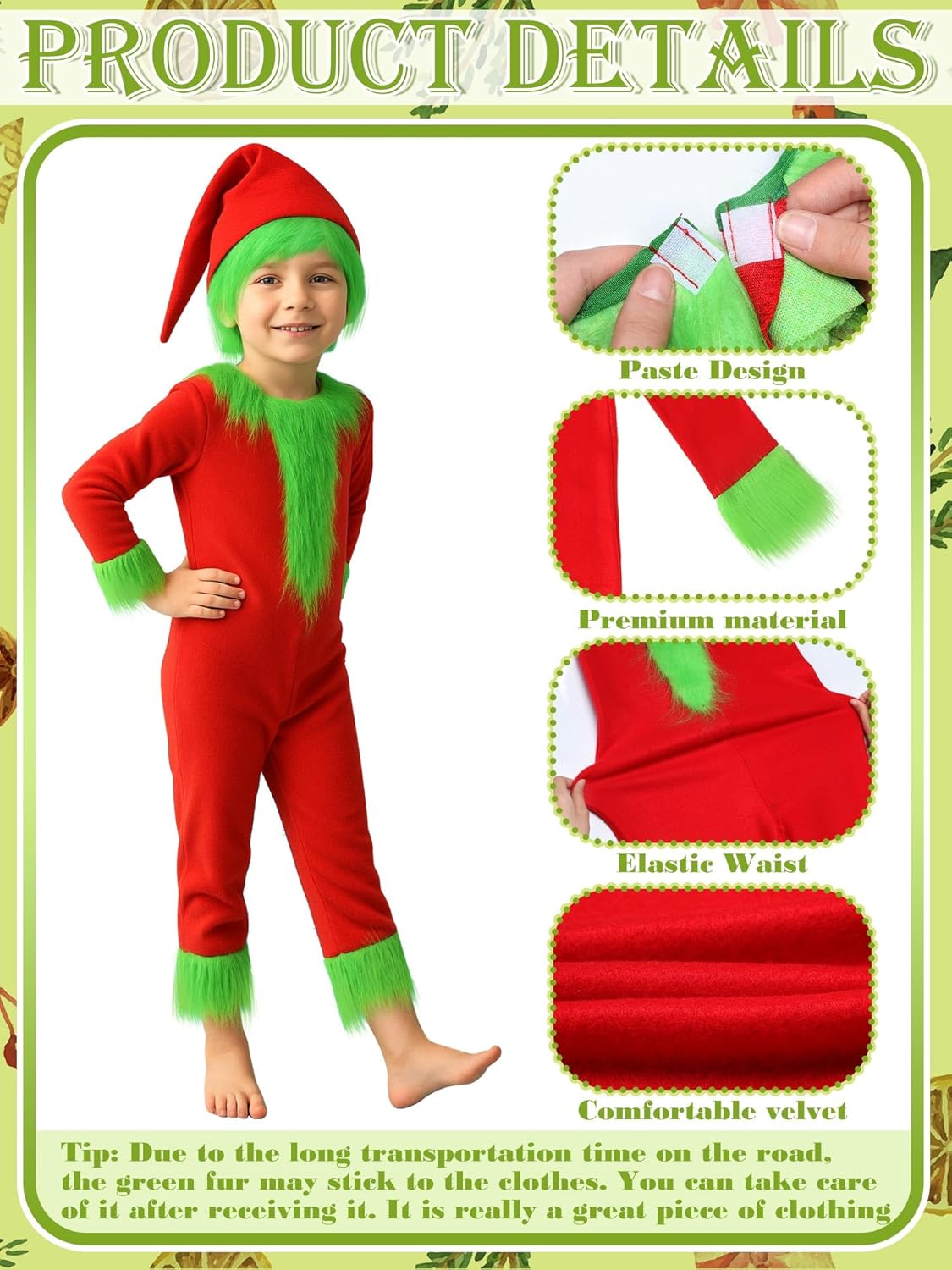 2 Pcs Elf Costume Christmas Elf Outfit Green Fur Monster Dress Up Xmas Festive Outfit - Image 6