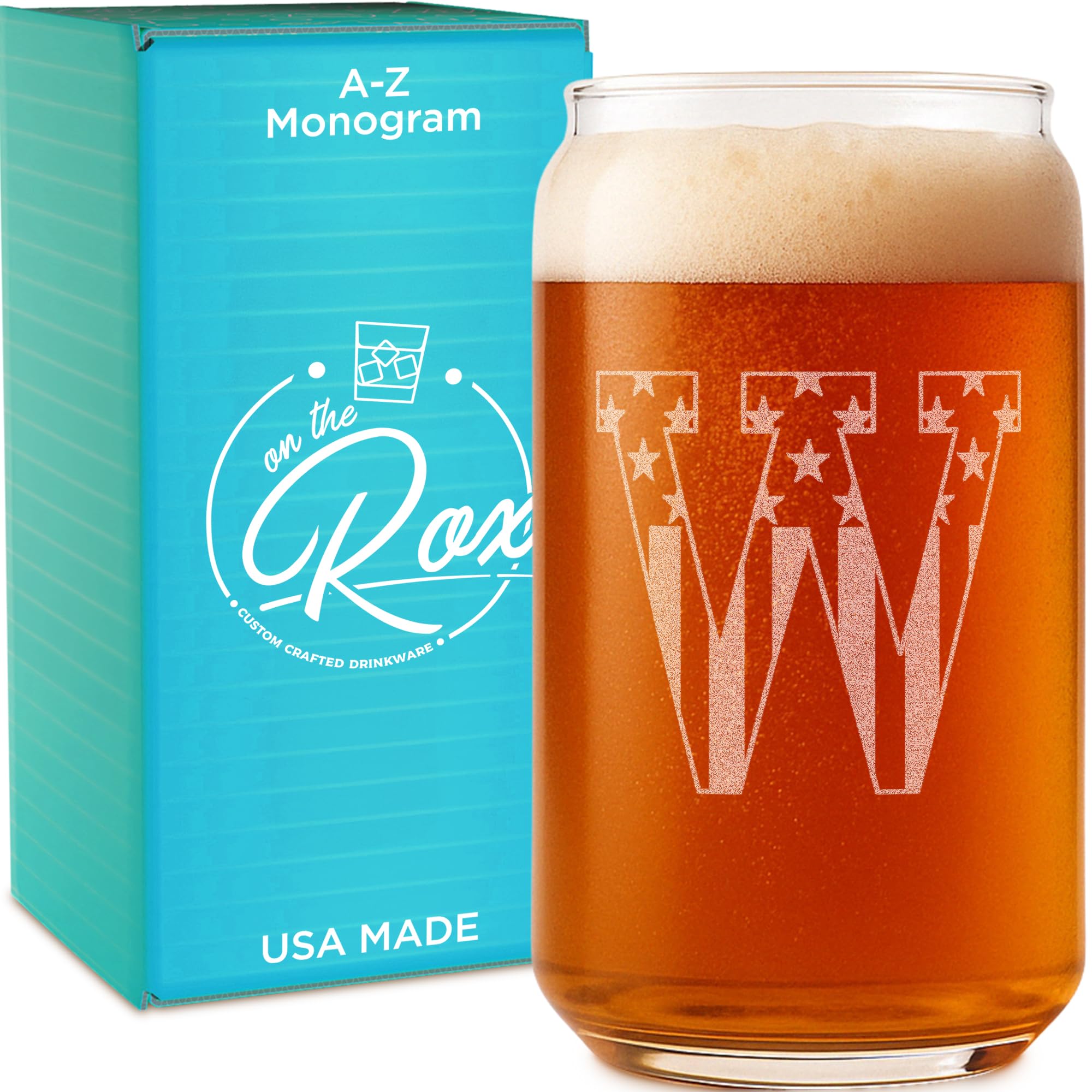 On The Rox Monogram Beer Glasses for Men (A-Z) 16 oz - Personalized Engraved Beer Gifts for Him - Groomsmen Gifts Brother in Law Dad Son Coworker - Unique USA Made Dishwasher Safe Pint Glass (W)