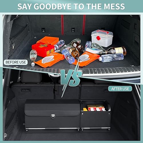 Miniatura 4 de Organizador de maletero de automóvil, organizador de almacenamiento plegable de cuero con tapa y asa resistente, organizador y almacenamiento para
